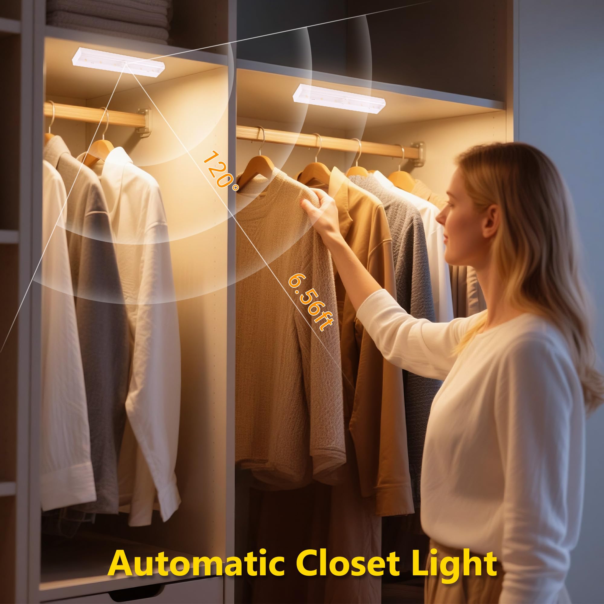 holoith Motion Sensor Closet Lights 4-Pack, Battery Powered, 3000K Warm White, Magnetic, Plastic, 45 Lumen, for Cabinet, Stair, Wardrobe