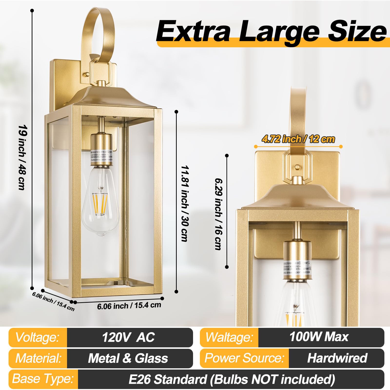 Yolsunes 19&quot; Gold Outdoor Wall Lantern, Waterproof Industrial Sconce Light For Porch & Garage