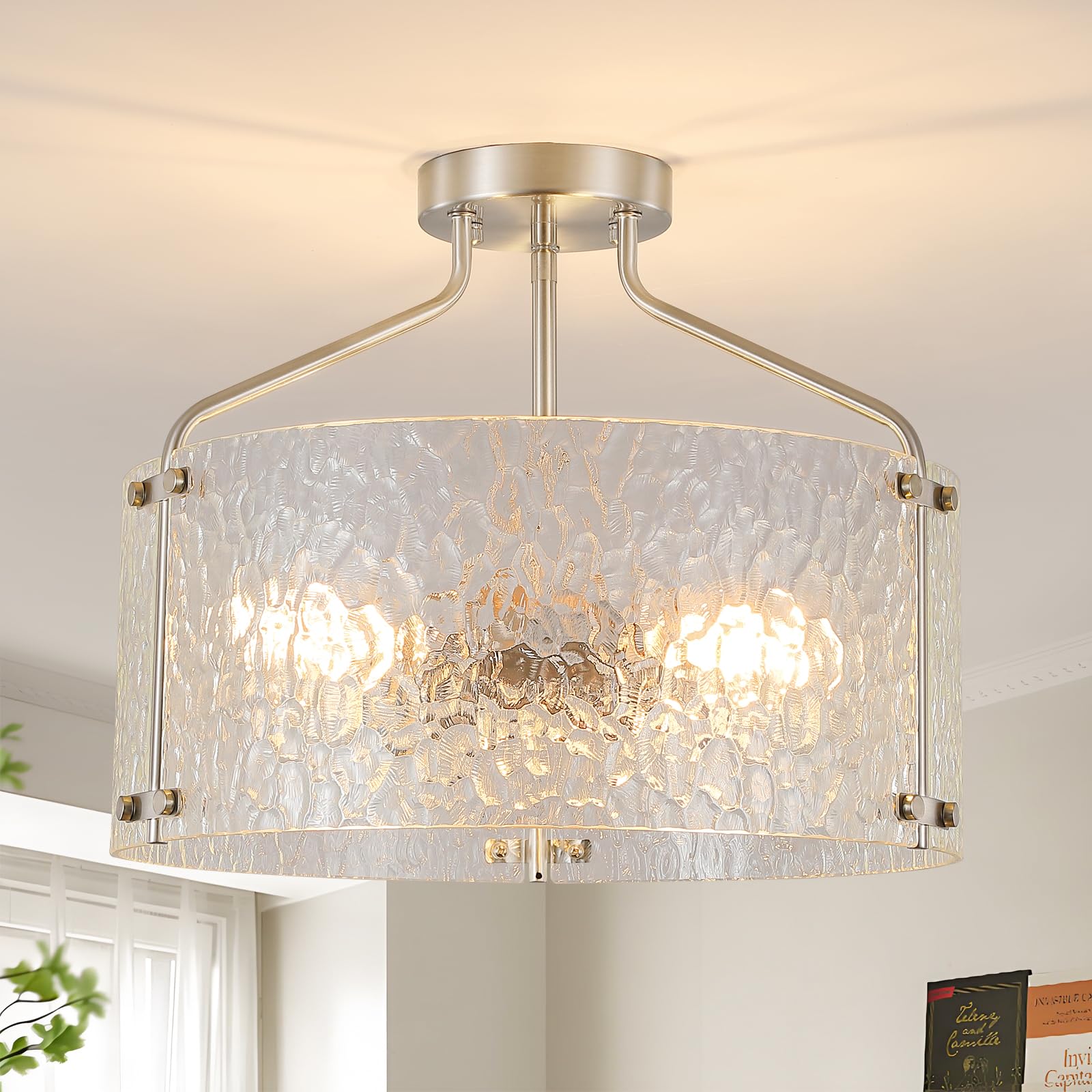 Semi Flush Mount Ceiling Light Fixture Glass Drum Chandelier Entryway Light Fixture 16Brushed Nickel Flush Mount Ceiling Lights 3-Light Foyer lighting fixtures for Living Room Hallway Bedroom