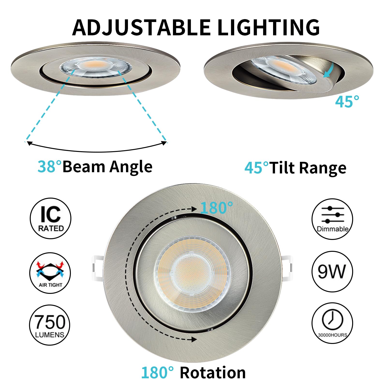 KnLnny Ware 4 Inch Brushed Nickel Recessed Lights 6 Pack, Adjustable, 9W 750LM, Dimmable, Model Light2025001-BN-Round