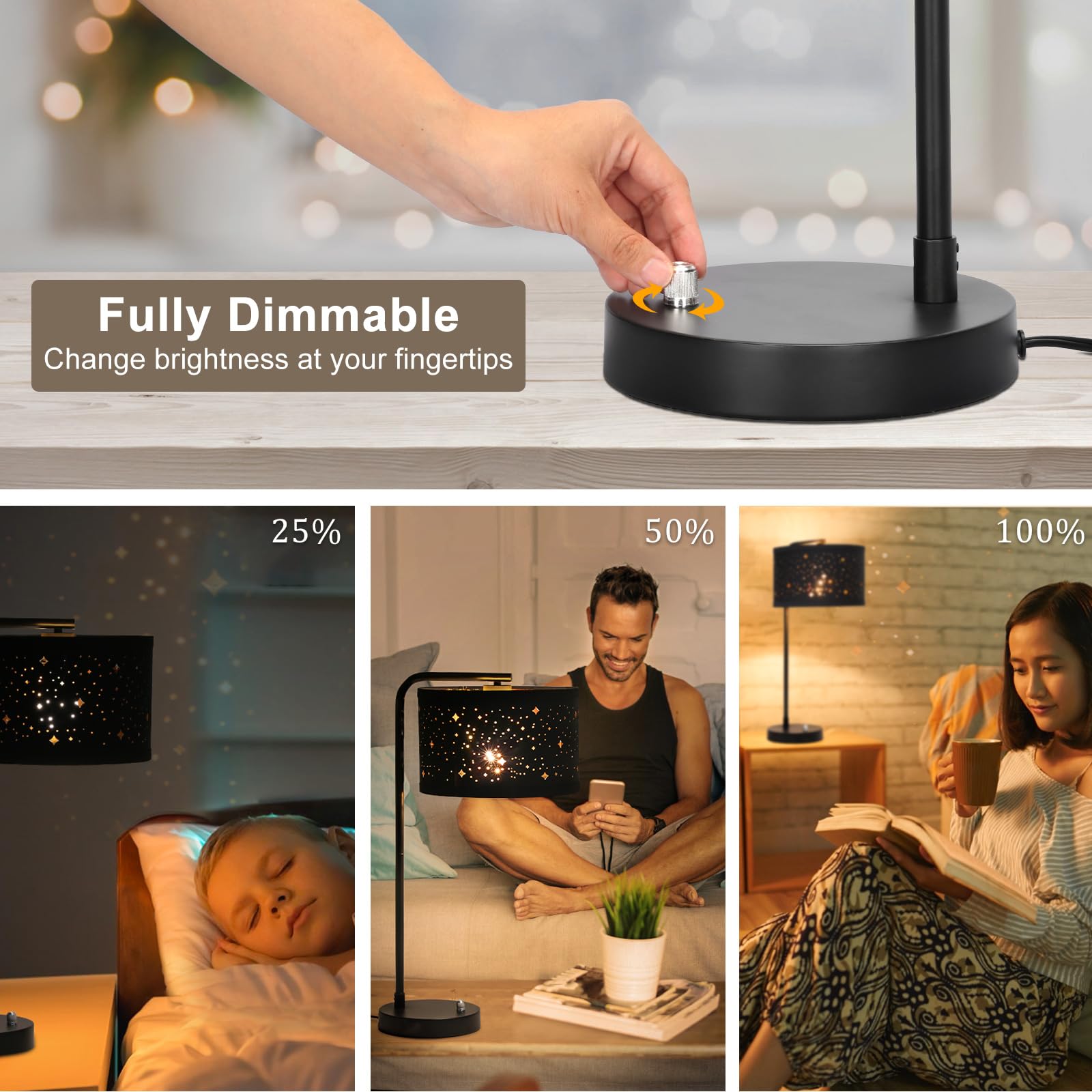 Bedside Table Lamp, Fully Dimmable Table Lamp With 2 Usb Ports, Modern Nightstand Lamps With Stars Shade, Usb Side Table Lamp, T