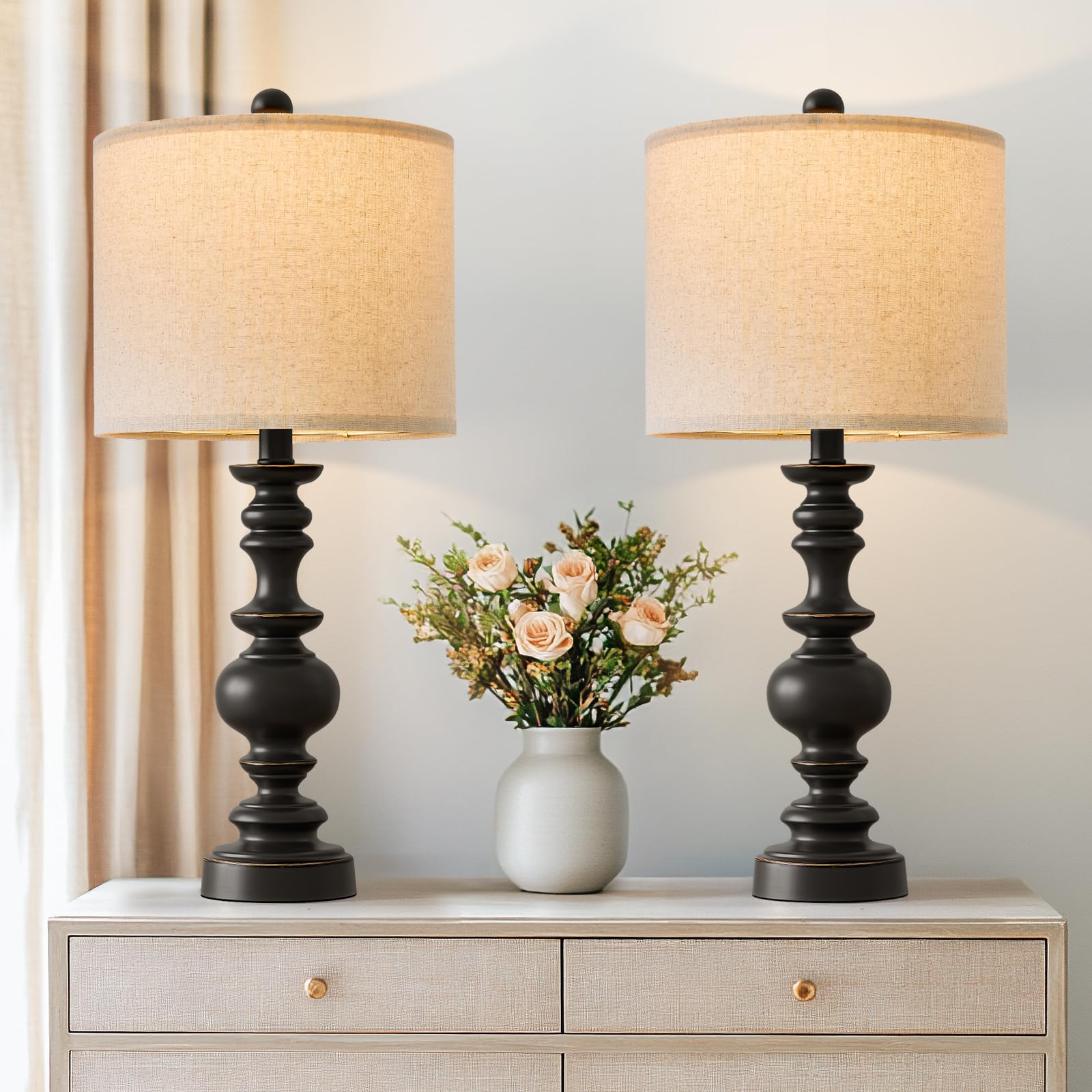 Bobomomo 24Traditional Farmhouse Table Lamp Set Of 2, Vintage Resin Lamps For Living Room Bedroom, Rustic Nightstand Lamp With L