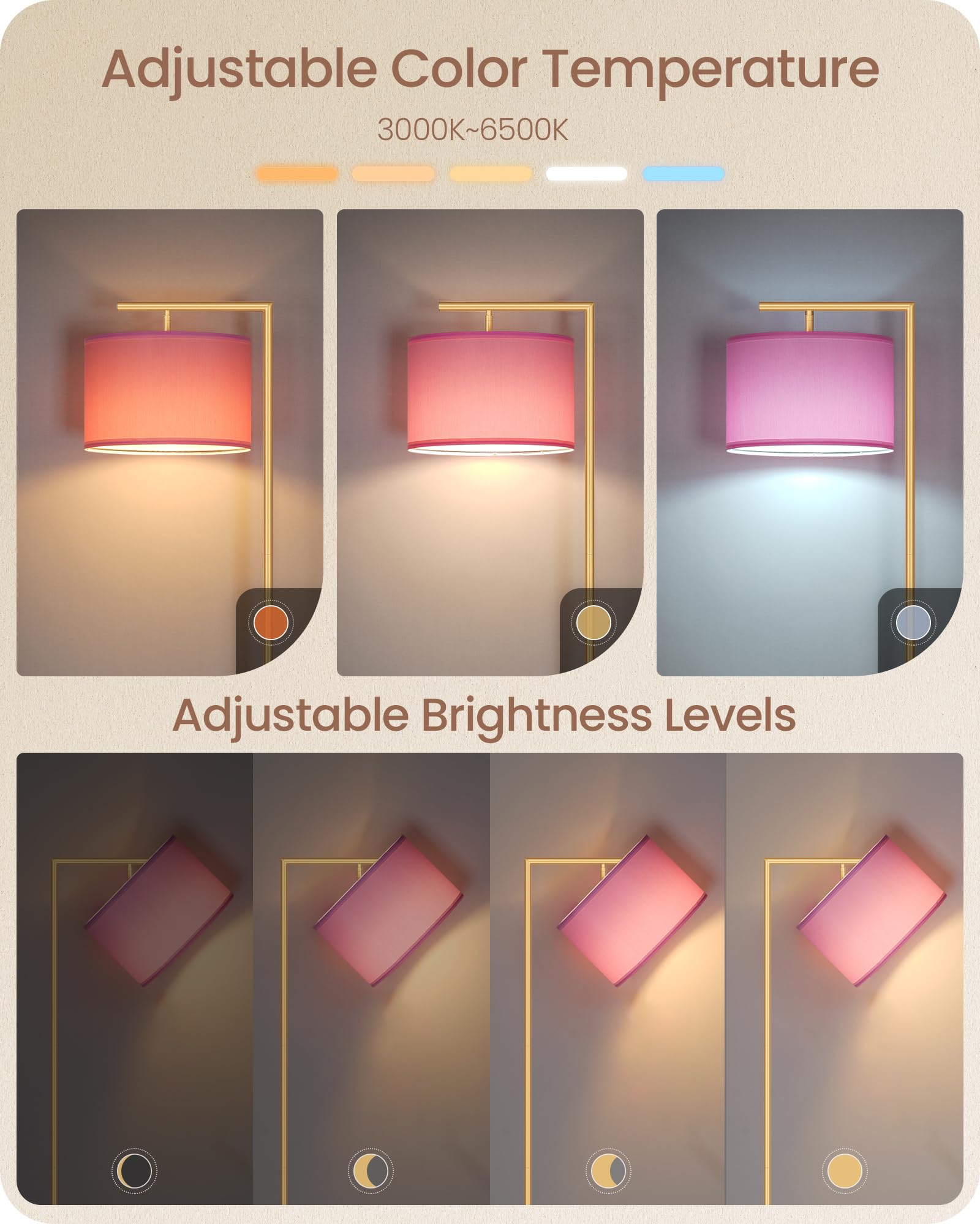GOEBLESON Modern Gold Arc Floor Lamp with Remote, Pink Fabric Shade, LED Bulb Included, Model DP11LD05
