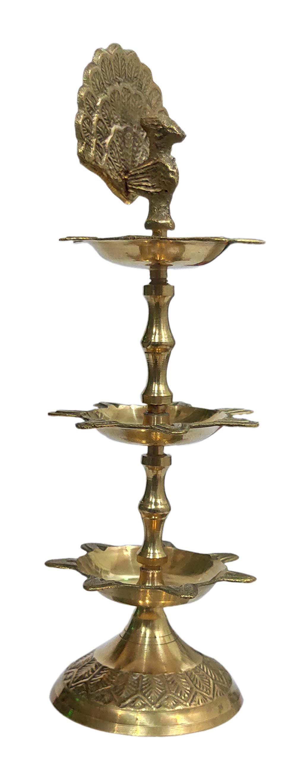 Purpledip Brass Kuthu Vilakku Peacock Oil Lamp, 8 Inches, Golden, Model 12118, Traditional Design Diya For Inauguration