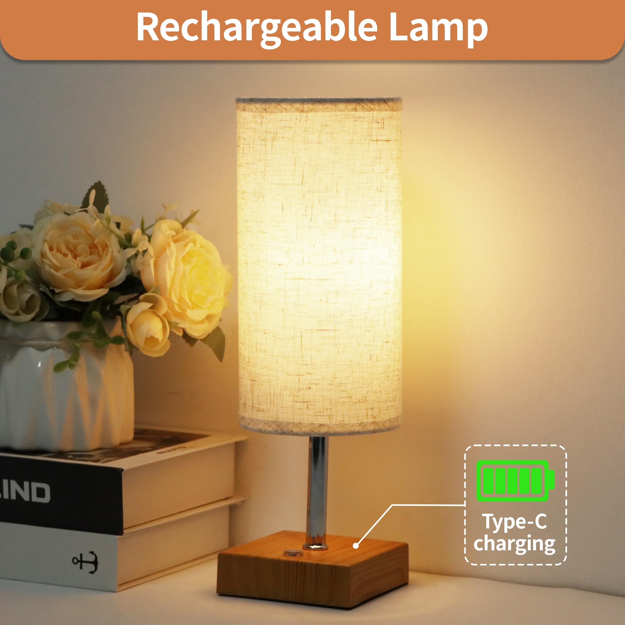 Cordless Table Lamp, Rechargeable Lamp Touch Control Dimmable, Battery Operated Small Bedside Table Lamps for Night stand, Cordl