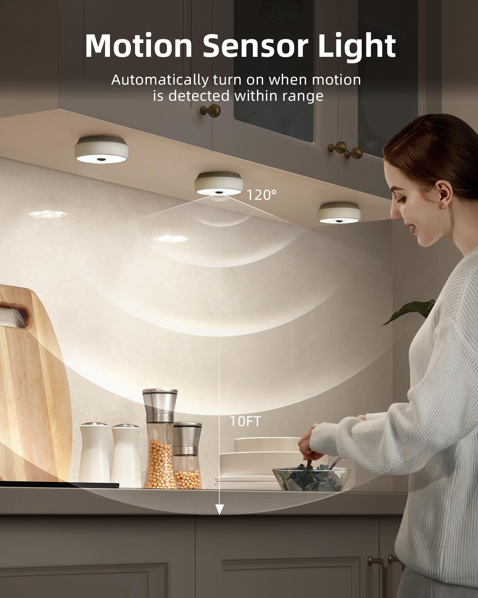 EZVALO Rechargeable Puck Lights with Remote, 6 Pack, Dimmable LED, Motion Sensor, Under Cabinet Lighting, White