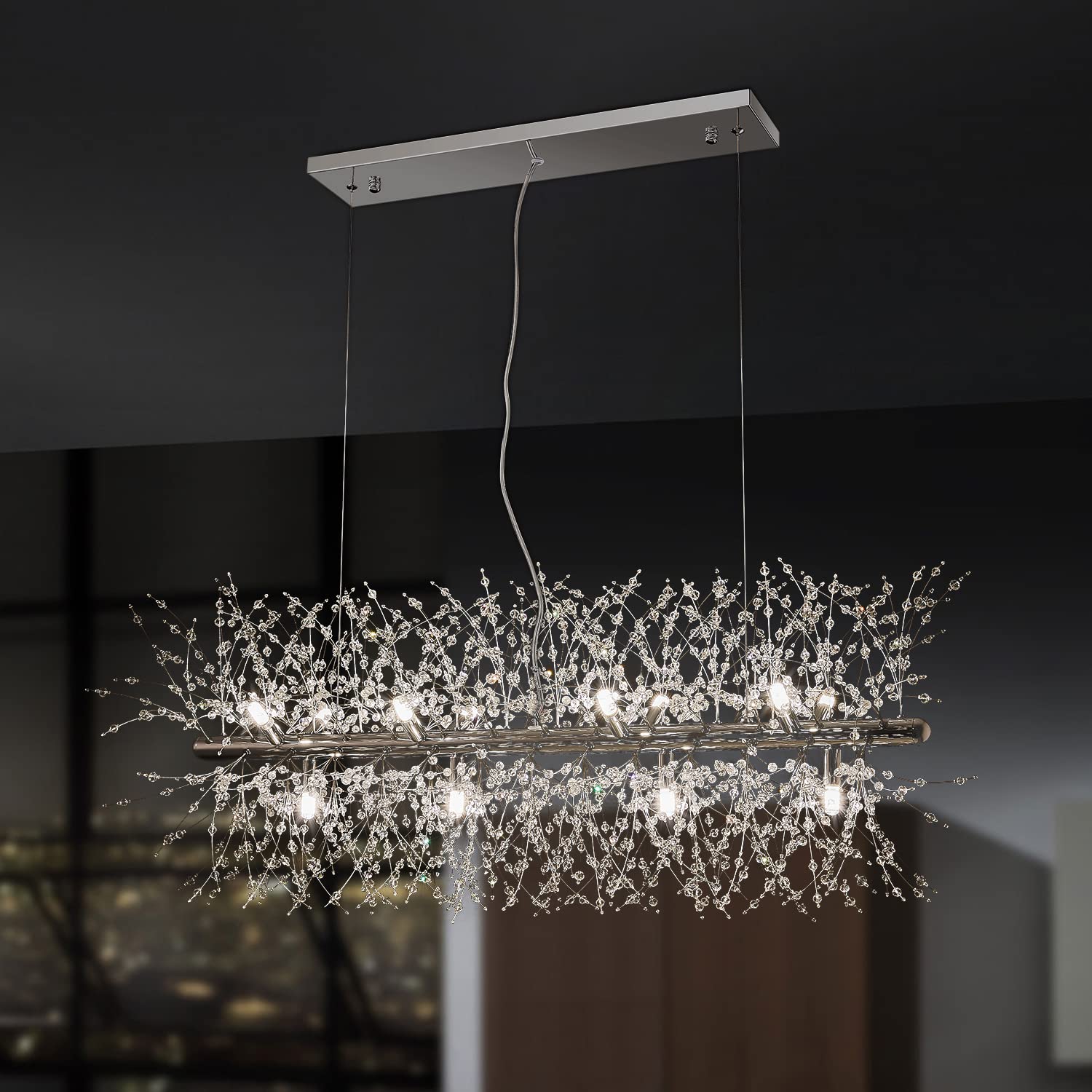 KJLARS Modern Crystal Firework Chandelier, Linear Dining Room Lighting Fixtures Hanging, Chrome Dandelion Chandelier LED Pendant