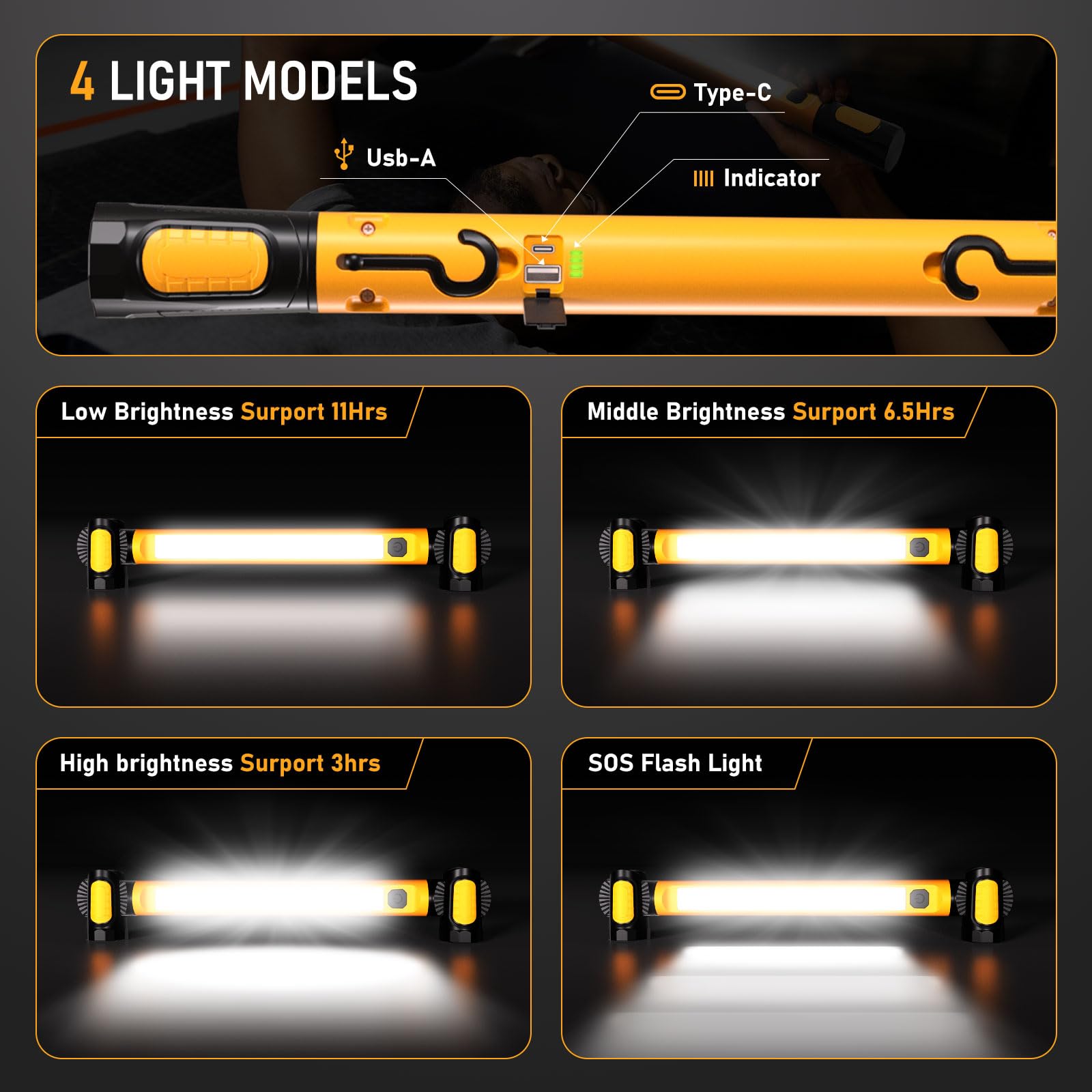 LANKA LED Work Light 3200LM, Rechargeable Magnetic Light Bar, Yellow, Model WK-02-B, Portable Underhood Tools for Garage & Workshop