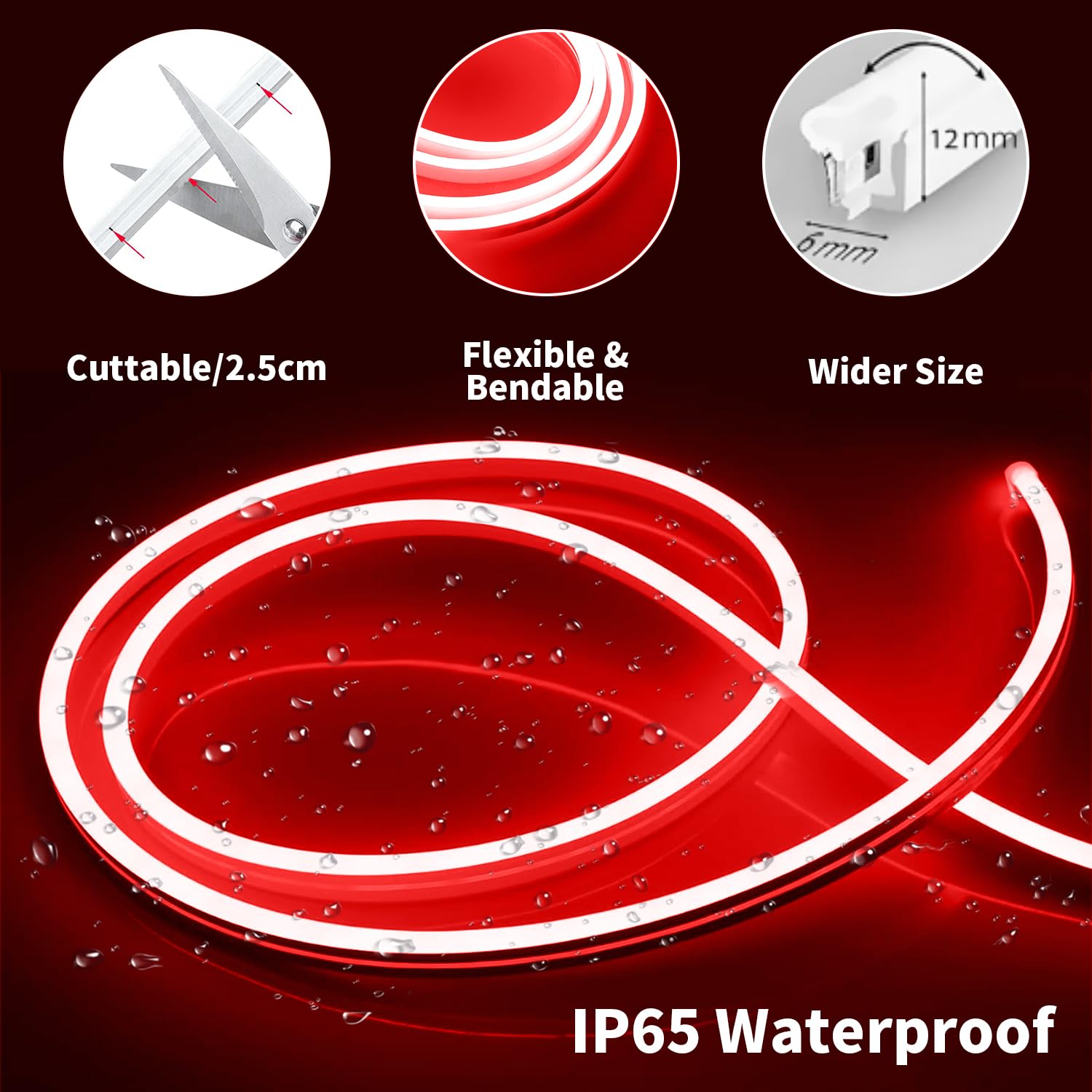 iNextStation Red LED Strip Lights, 16.4ft Waterproof Neon Rope Lights with Adapter, Flexible for Bedroom, Party, DIY