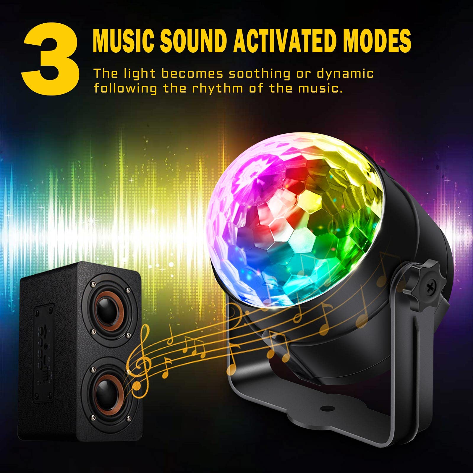 Apeocose Disco Party Lights 2 Pack, Sound Activated, Remote Control, Music Sync, Black, Model MU00101A