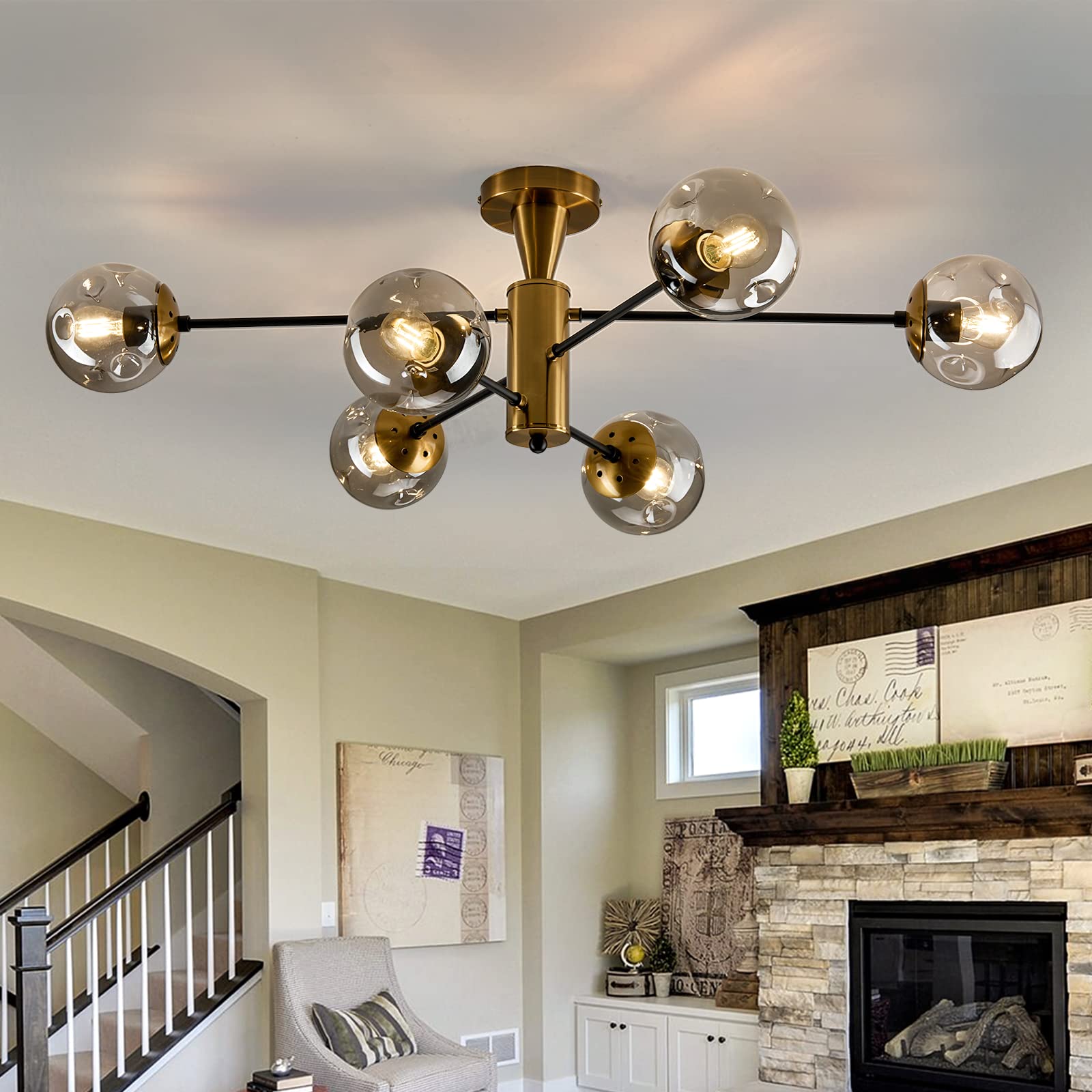 Hesoge Modern Semi Flush Mount Ceiling Light Fixture 6-Light Sputnik Gold Chandelier With Glass Globe Mid Century Ceiling Lighti
