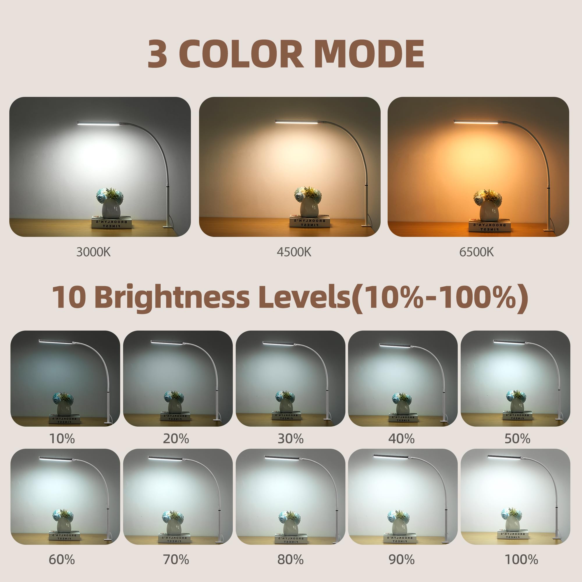 LIBORA Led Desk Lamp, Eye-Caring Clamp Light, 3 Modes, 10 Brightness Levels, Flexible Gooseneck, White, Model 1063292
