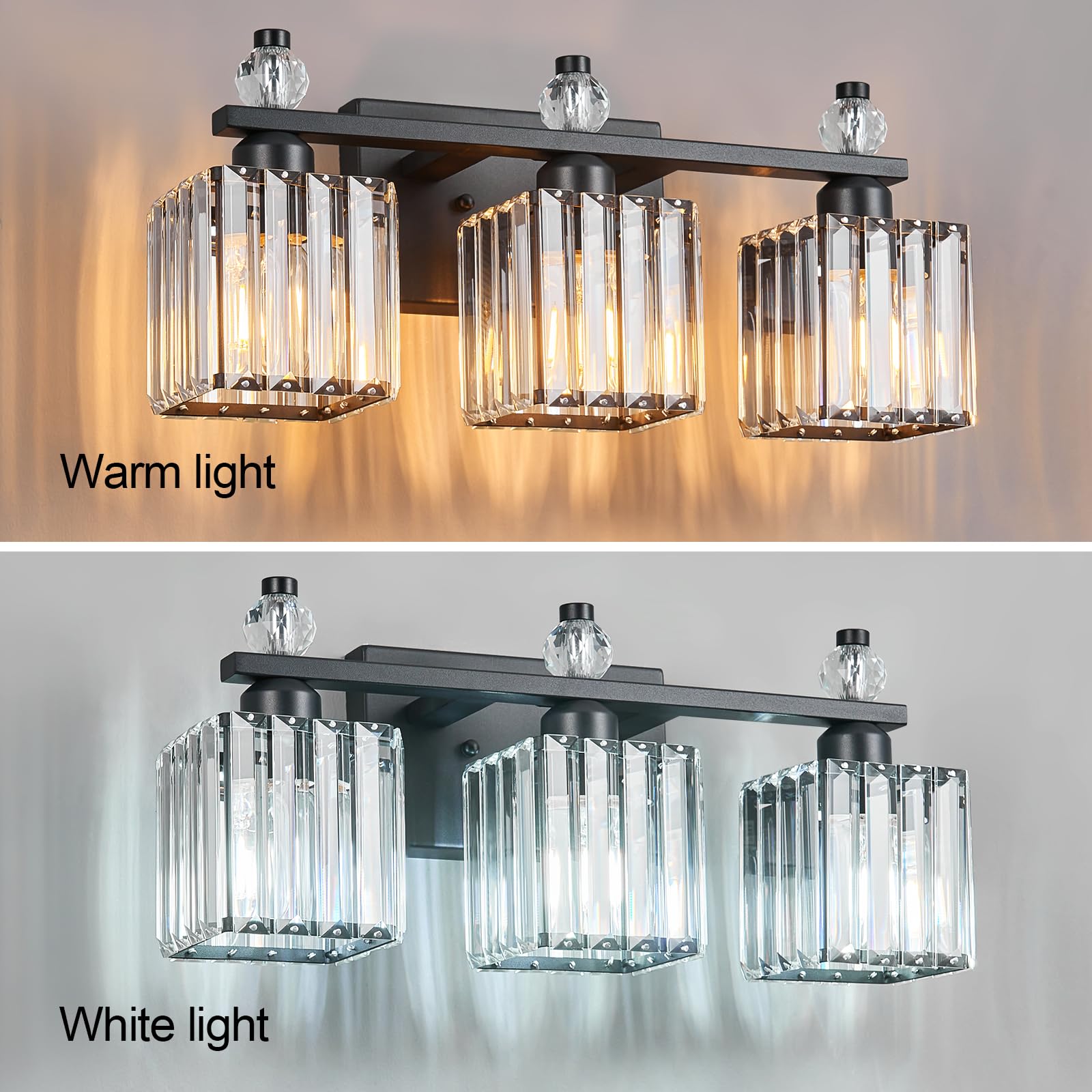 FDPBY 3-Light Sand Black Metal Bathroom Vanity Light Fixture, Modern Crystal Design, Model 290
