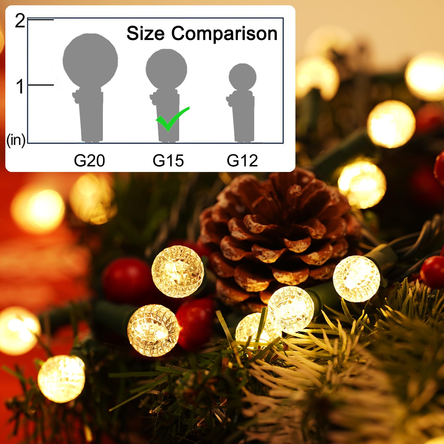 BOHON Christmas Lights Outdoor Faceted G15 50 LED 17ft Plug in Mini Globe String Lights Waterproof Extendable Green Wire for Ind