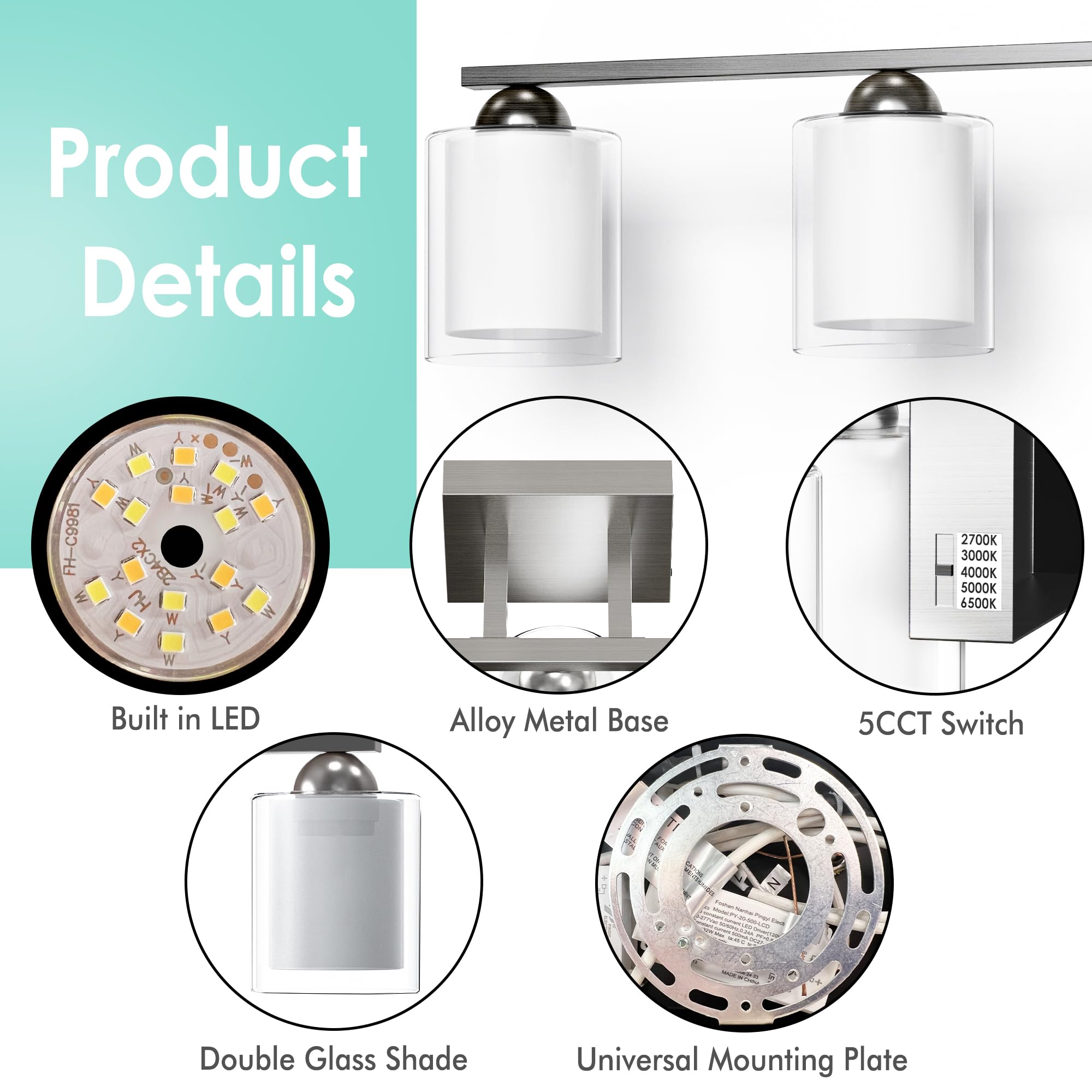 Quntis 5 Light Brushed Nickel Bathroom Light Fixtures  Modern Vanity Lights Over Mirror With 5 Colors & Stepless Dimmable  33 Inch Led Bathroom Lighting With Milk White Frosted Glass (Bulbs Included)