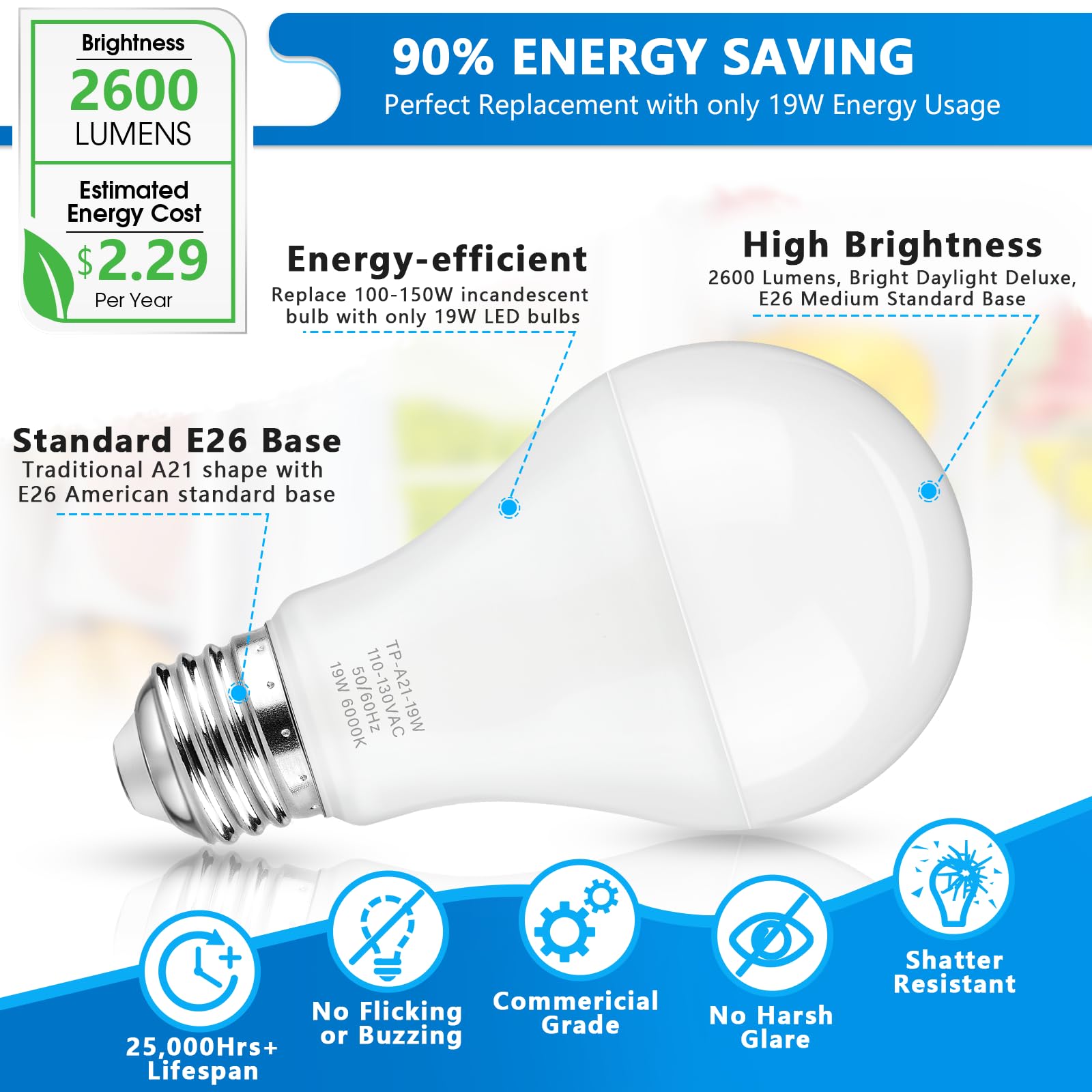 Maylaywood A21 Led Light Bulbs, 150 Watt Equivalent, Cool White 6000K, 2600Lm, E26 Base, Non-Dimmable, 19W Bright White Led Bulb