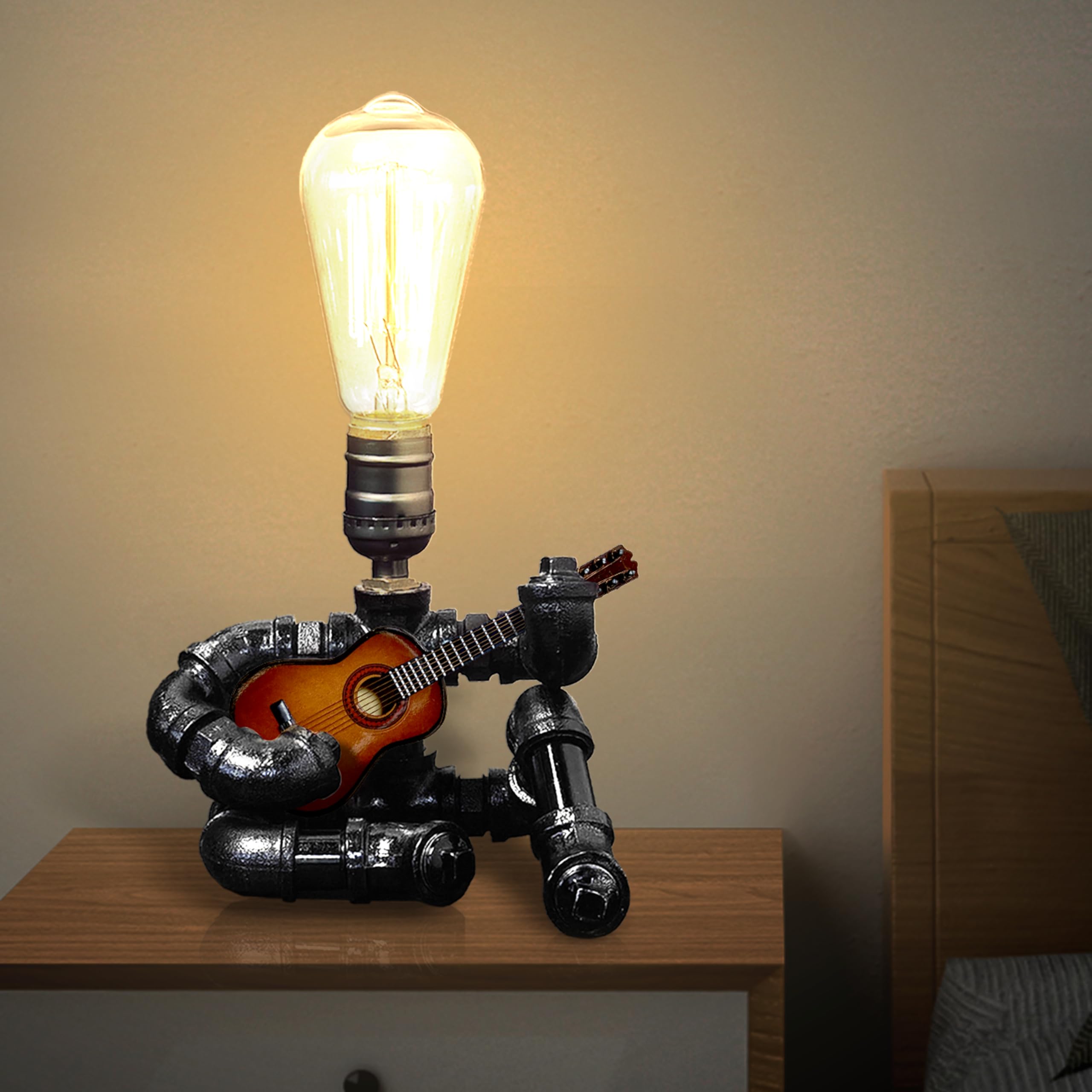 CHXTX Music Table Lamp - Retro Steampunk Edison Bulb, 13.8x6in, Brown, Metal Guitar Lamp 01 for Music Lovers