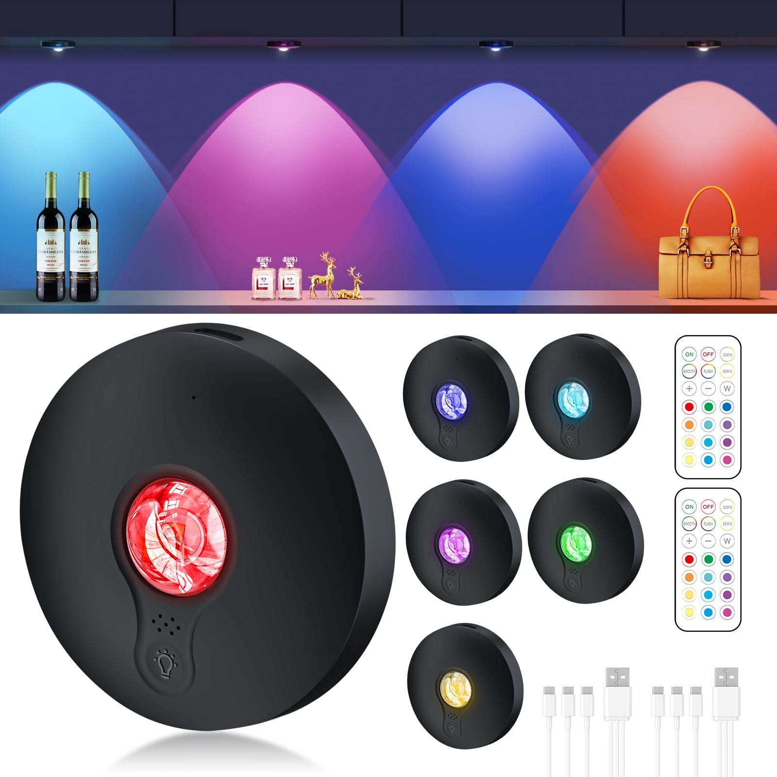 Unusroom Rechargeable Puck Lights Led Under Cabinet Counter 2000Mah Battery Operated Tap Stick On Lights Touch&Remote Controls Dimmable Wireless Closet Light For Kitchen (Black-13Color  6)