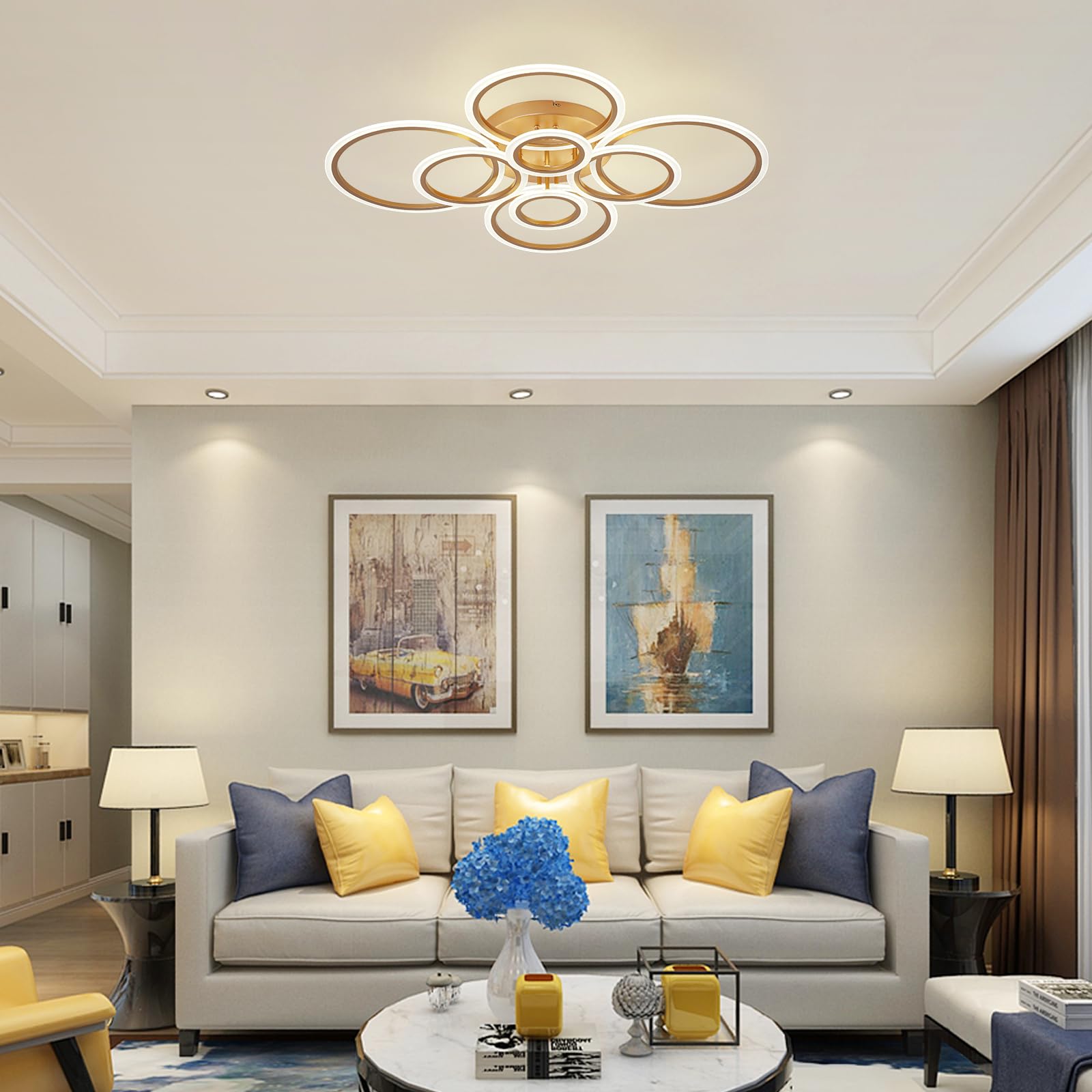 Vikaey 8-Light Modern LED Ceiling Light, Gold Metal Flush Mount for Living Room, Dining Room, Bedroom, Kitchen, 4000K Not Dimmable