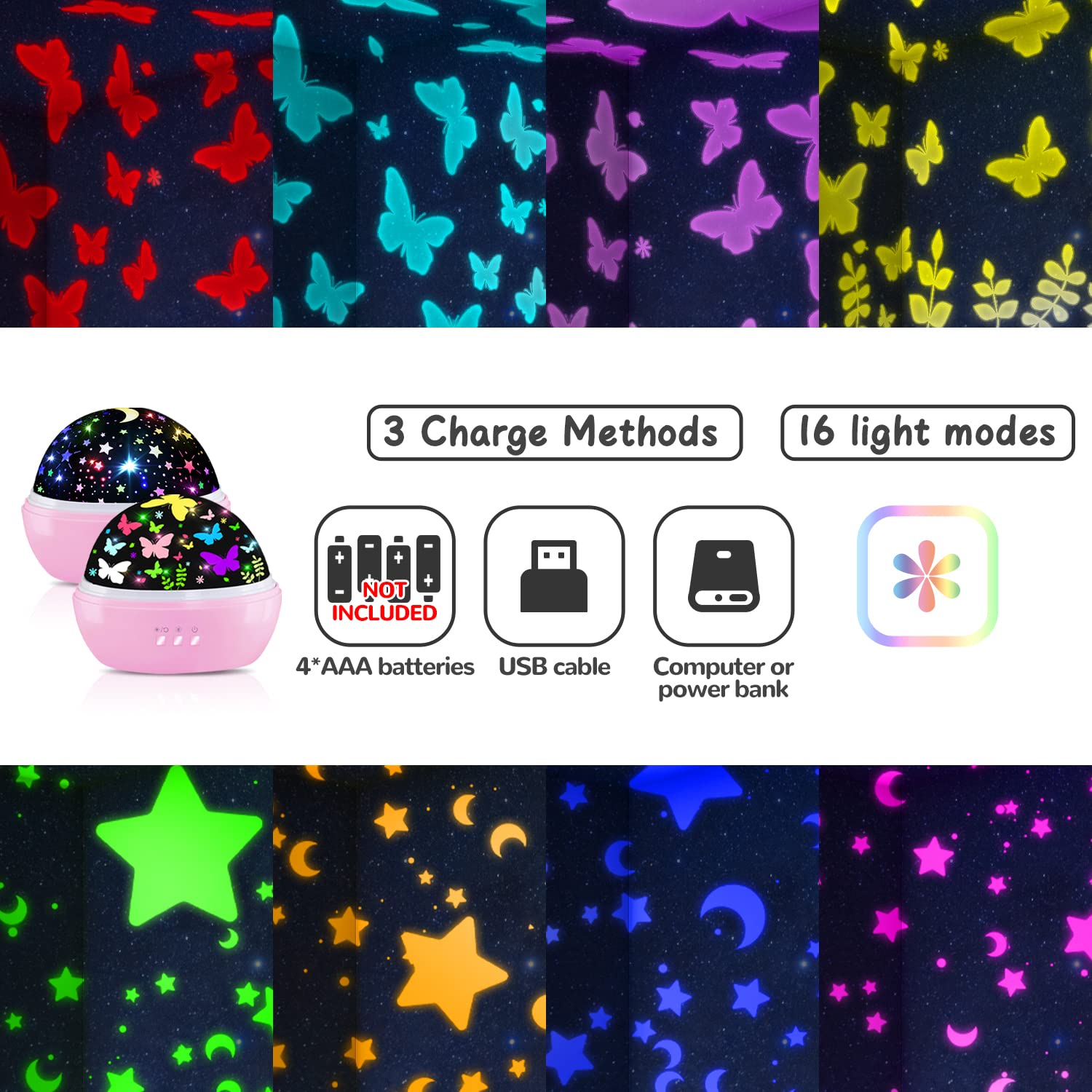 JKGIFTS Butterfly Decorations - 16 Colors Star Projector Night Light, Pink Kids Toys for Girls Ages 3-8, Party Supplies & Room Decor