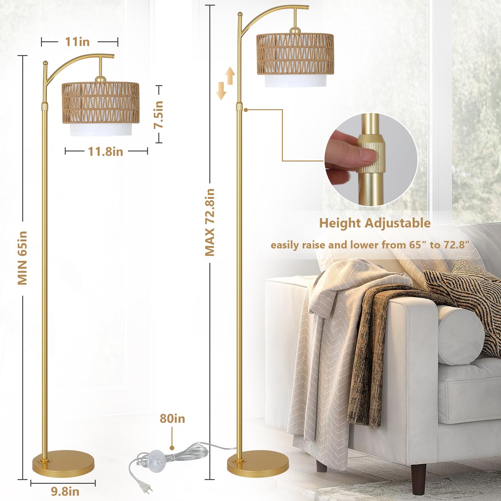 Gold Floor Lamps For Living Room With Remote & Dimmable Led Bulb, Modern Arc Floor Lamp With 3 Color Temperatures, Boho Standing