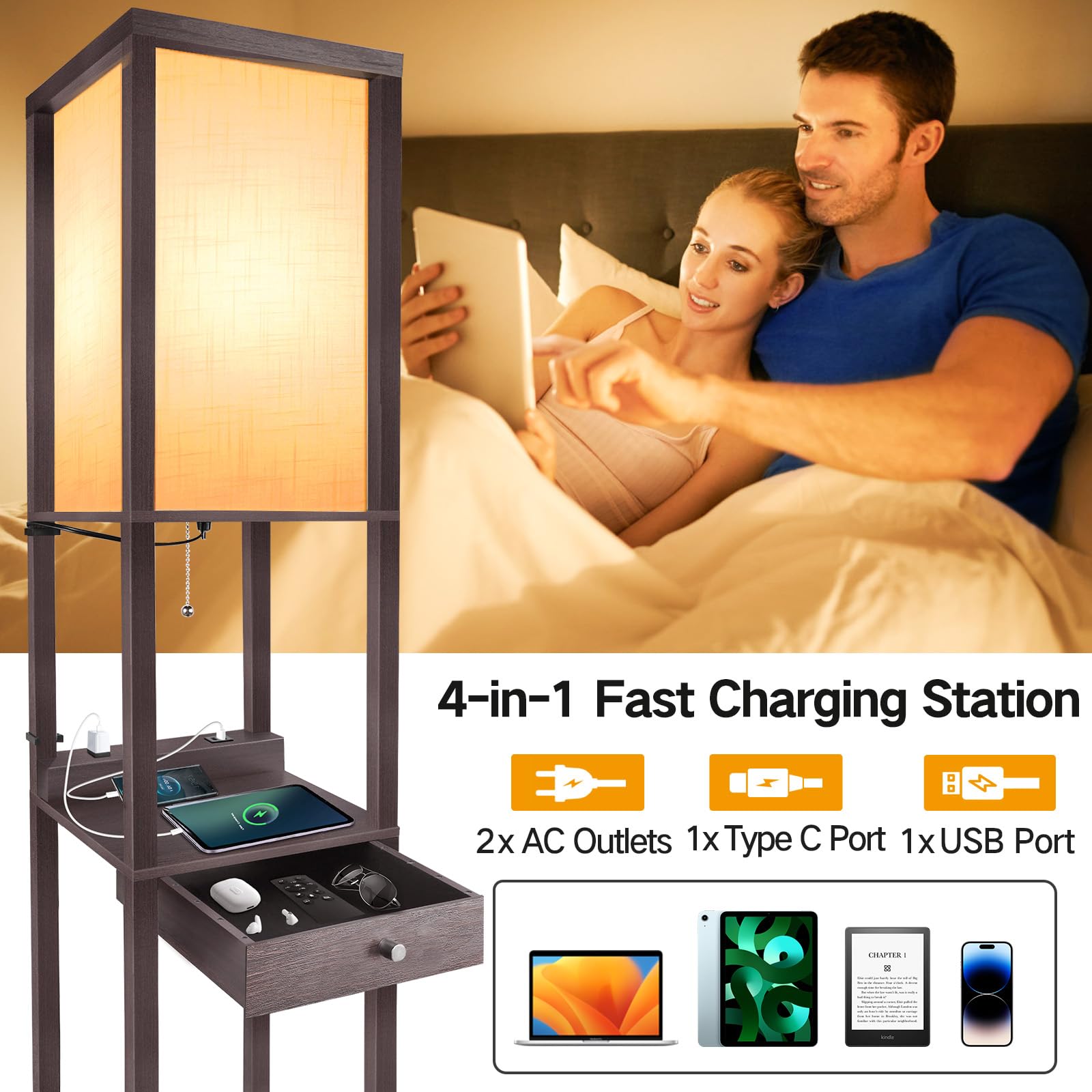 OUTON Deluxe Floor Lamp with 1 Drawer, 2 USB-C Ports, 2 AC Outlets, Wood, Walnut, Model CJD-CT-WT-03
