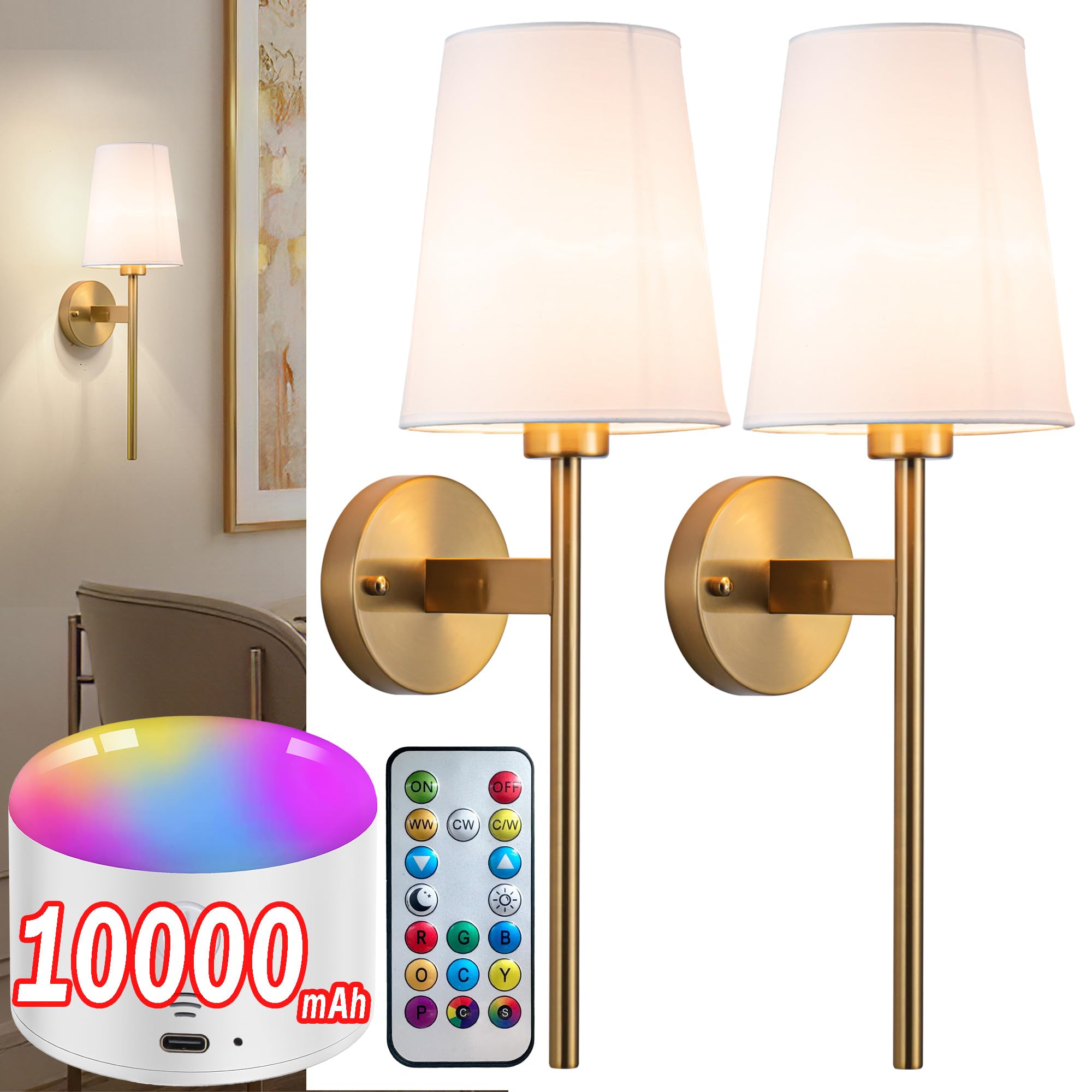 Battery Operated Wall Sconce With Remote,White Fabric Shade Wall Sconce Set Of 2 Battery Powered Sconces Wall Lighting Indoor Wi
