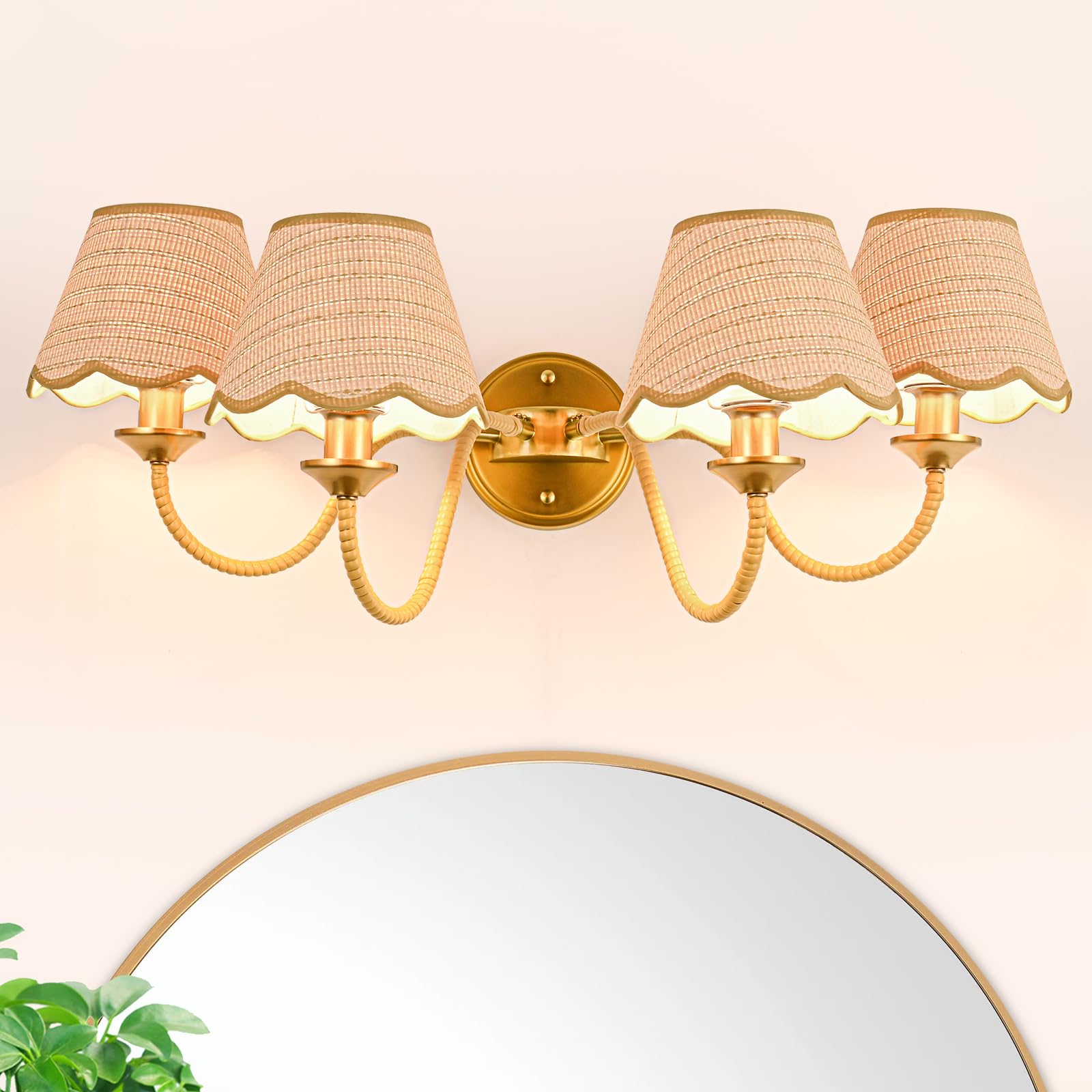 Rainzepher Boho Industrial 4-Light Bathroom Vanity Light with Boho Rattan Shades, Rustic Vanity Light Fixture for Bathroom
