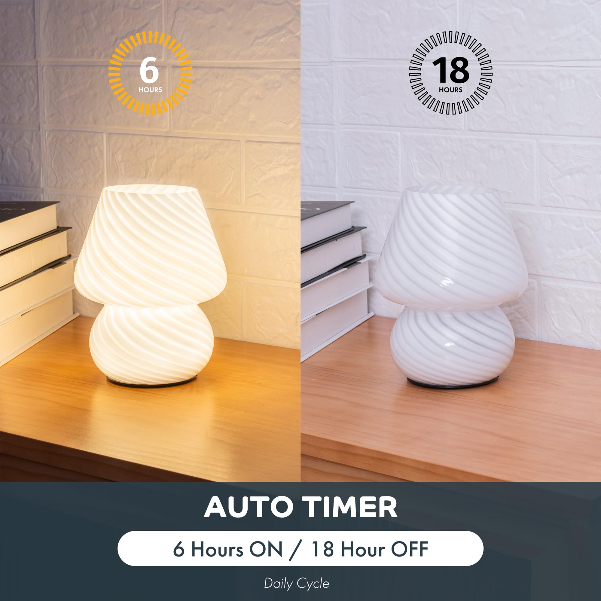 Ularoom Battery Operated Mushroom Lamp - Vintage Small Table Lamp With Timer, Cordless Bedside Nightstand Lamp, Glass Battery Po