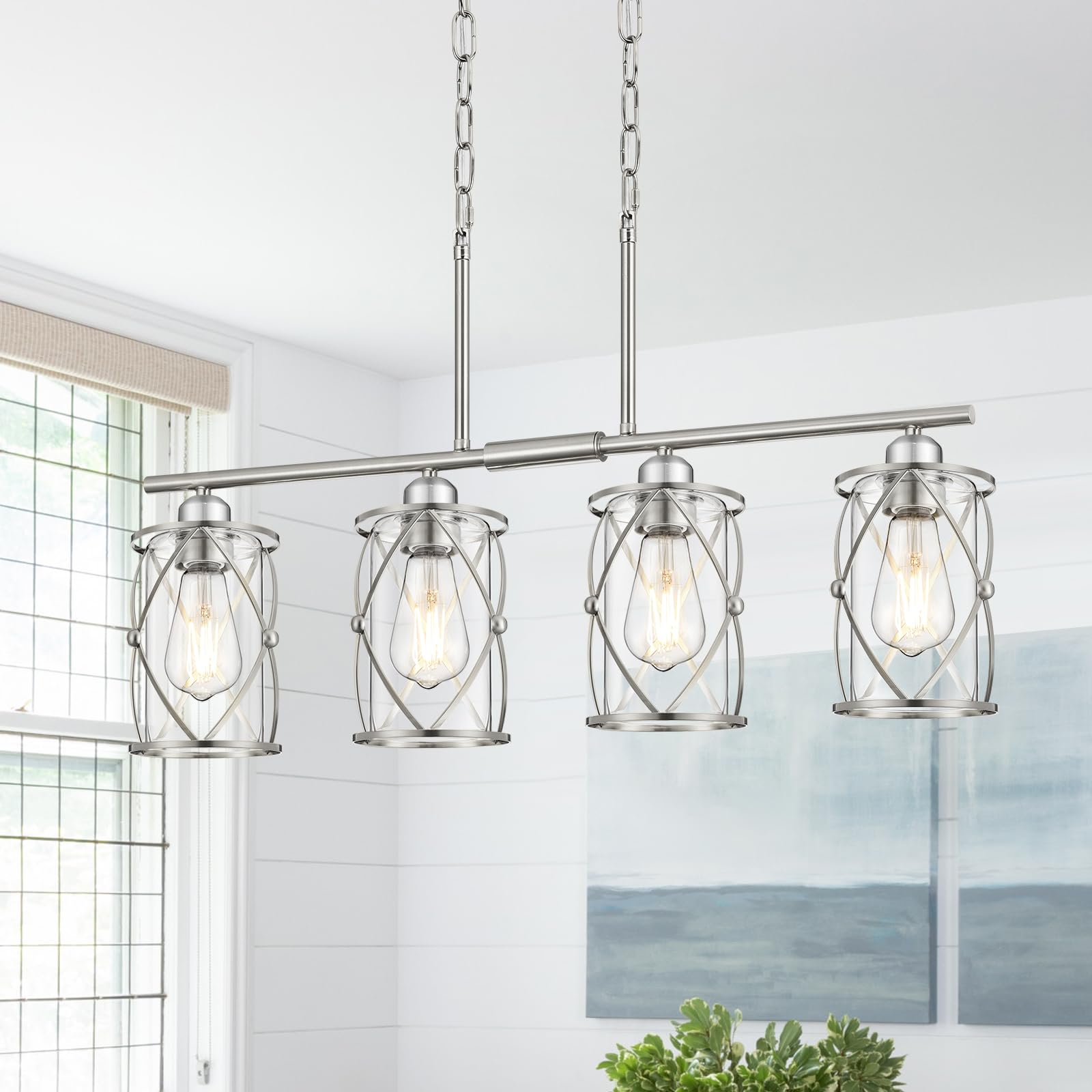 Osimir 4-Light Kitchen Island Lighting, Modern Brushed Nickel Dining Room Light Fixtures with Clear Glass, Farmhouse Industrial 