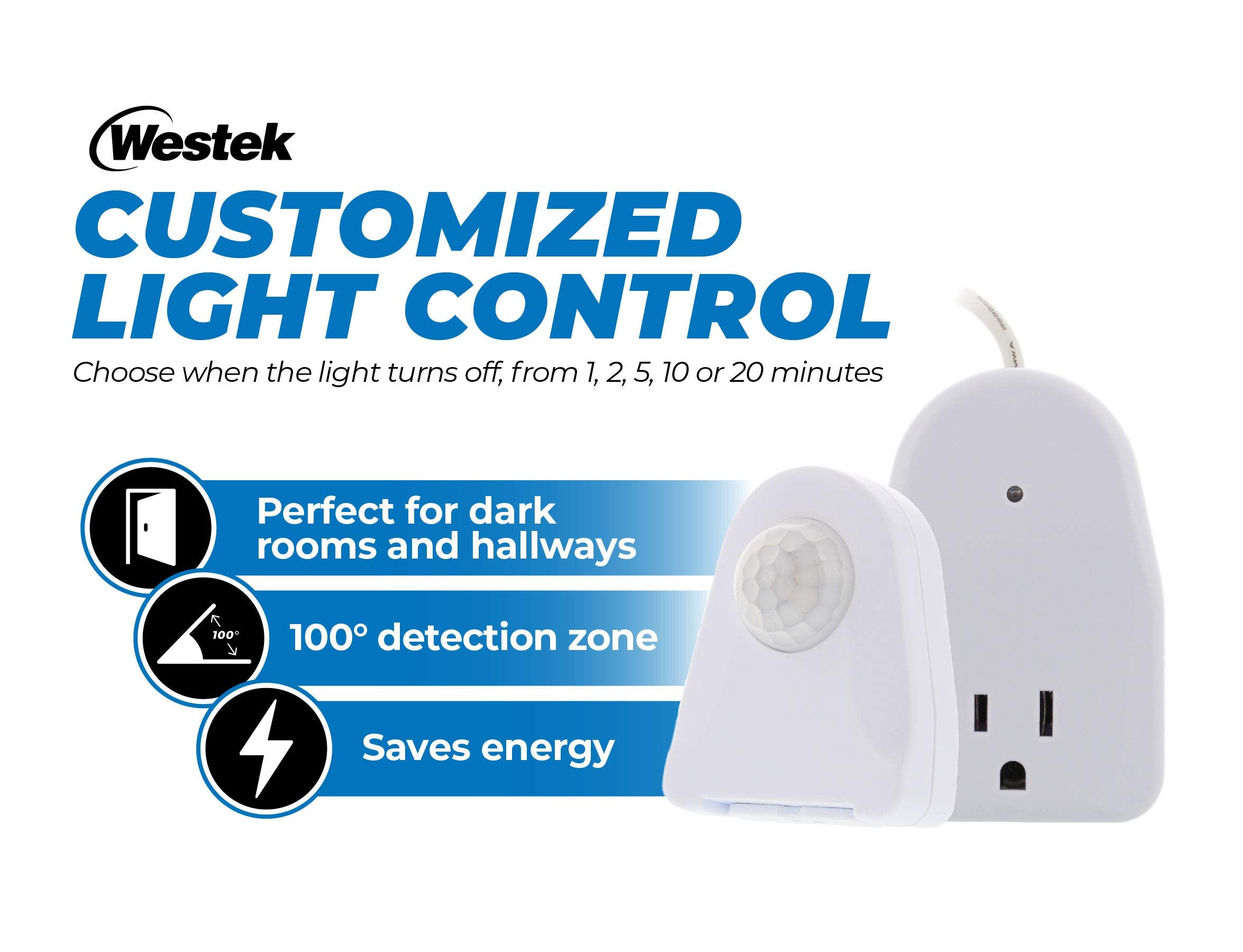 Westek Plug In Motion Sensor Outlet Light Control, 2 Pack - Indoor Motion Sensor Device Activates Lights When Motion Is Detected - Ideal For Dark Hallways - 25Ft Range, 6 Foot Cord (Mlc12Bc-4)