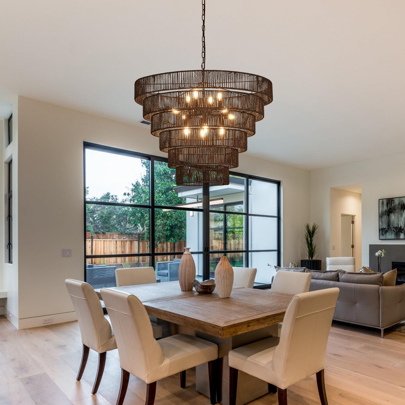 Yomecoo 31.49'' Large Black Rattan Vintage Farmhouse 12-Light Boho Hand-Woven Bamboo Black Chandeliers Light Fixture Retro Drum