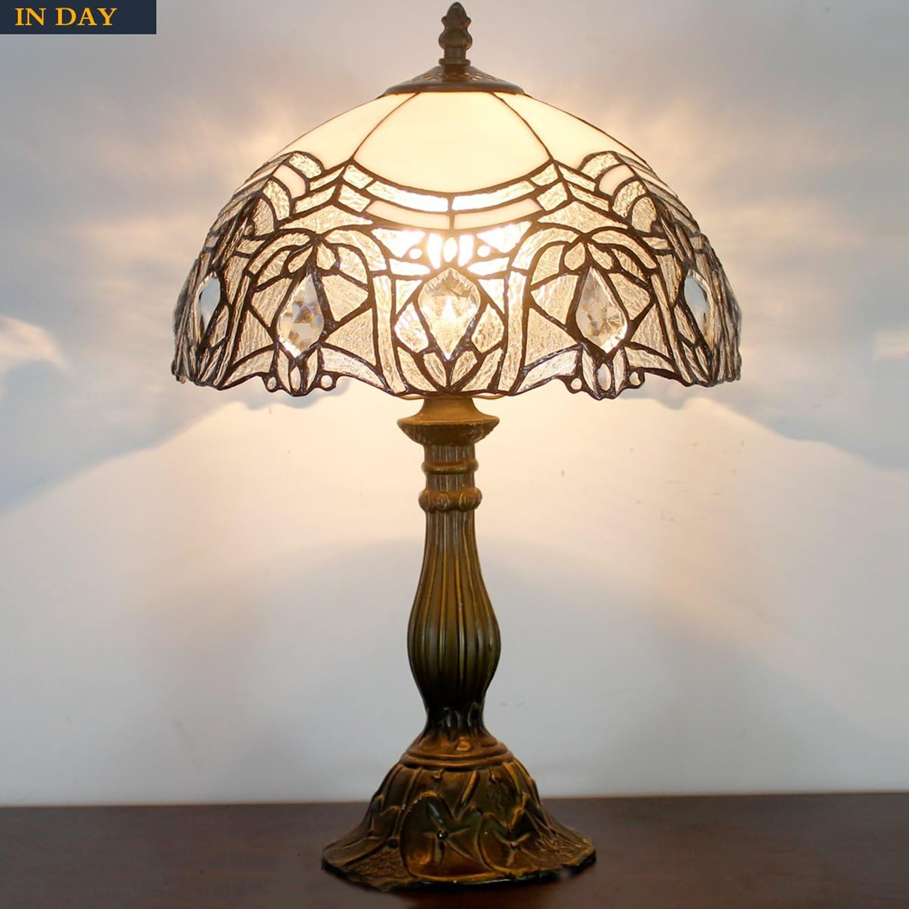 WERFACTORY Tiffany Lamp - White Bent Stained Glass Desk Light, 12x12x18 Inches, Ideal for Bedroom & Home Office, S508W Series