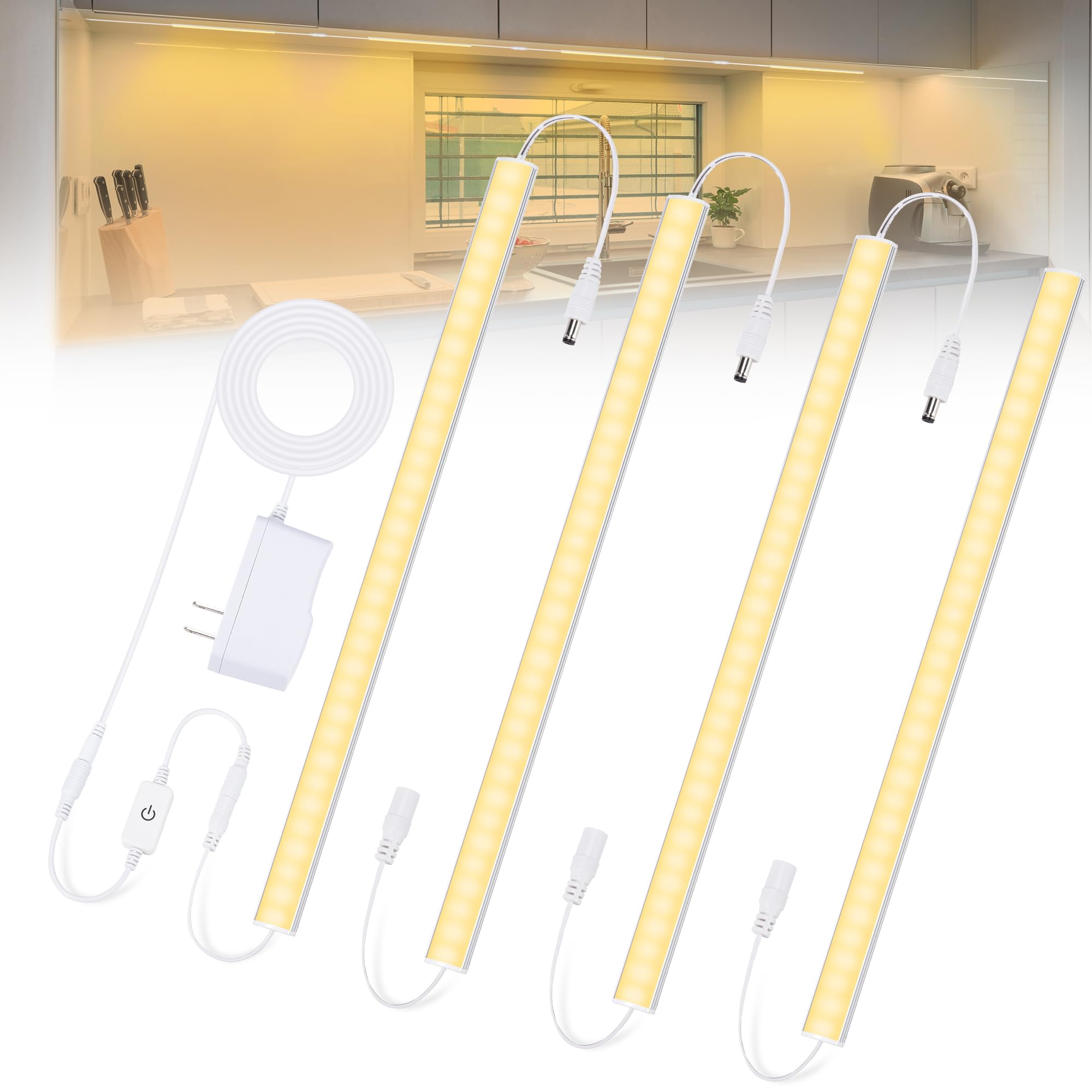JUSJUBR Under Cabinet Lights, 4pcs 12 Inch Warm White Dimmable LED Lighting, Aluminum, Plug-in, Memory Function