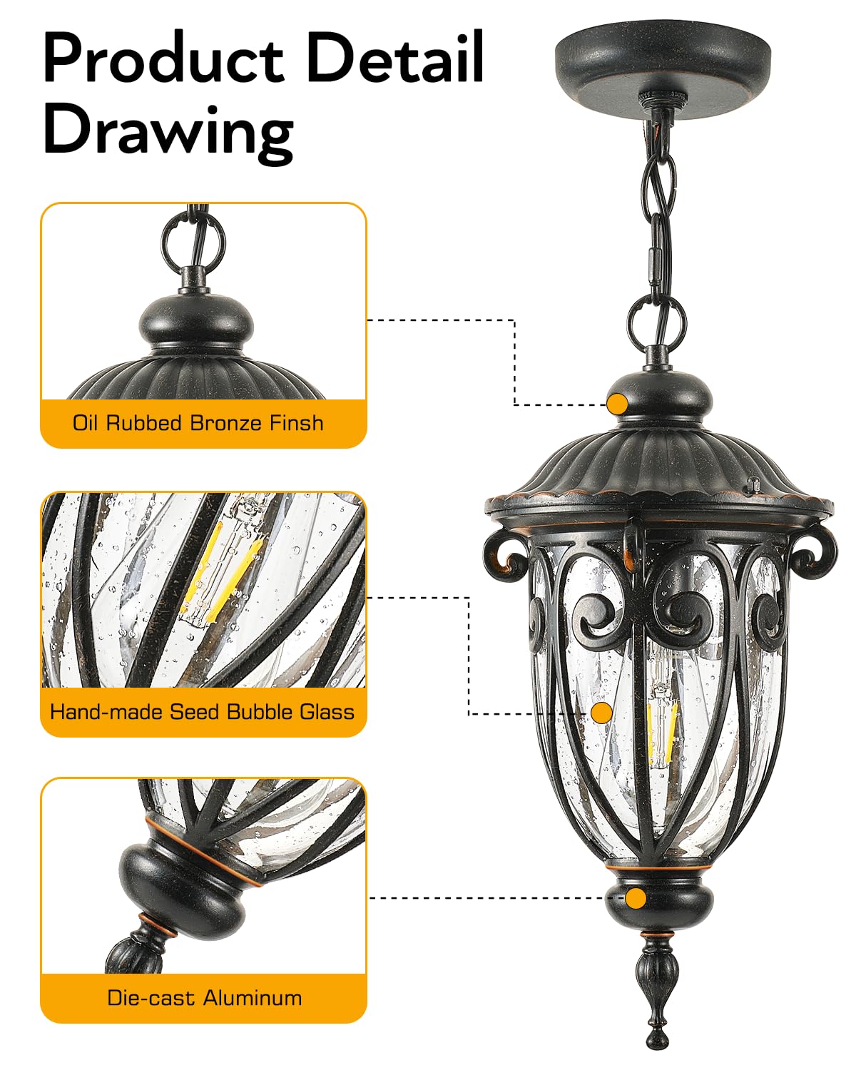VIANIS Outdoor Pendant Light Lantern, Vintage Chandelier, Oil-Rubbed Bronze, Medium Size, Model V83231B2