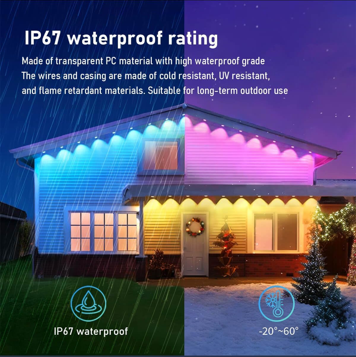 BAILONGJU 100ft Smart RGB Outdoor String Lights, 60 LEDs, IP67 Waterproof Eaves Lighting for Party, Halloween & Christmas, Multicolor