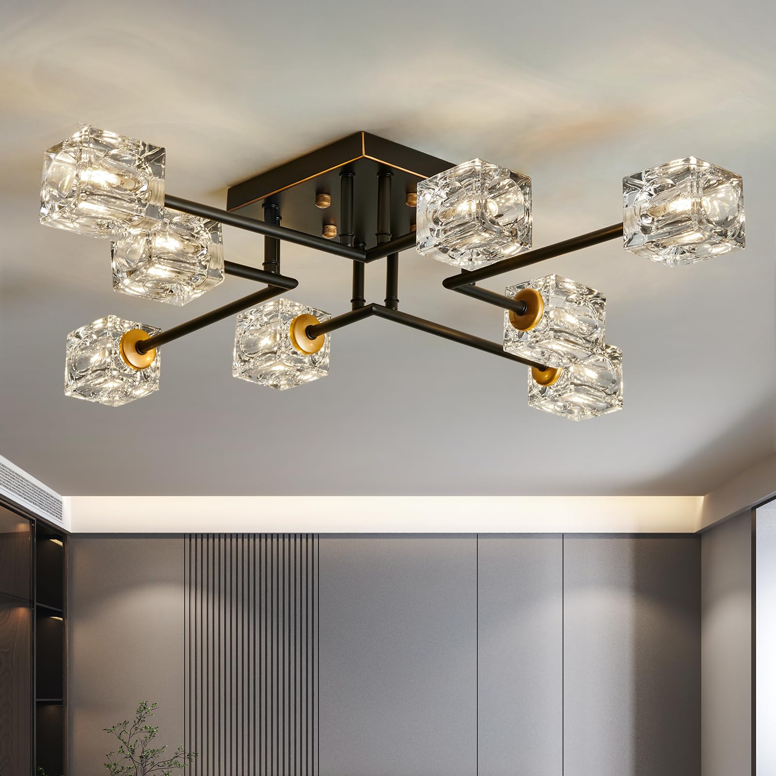 Qgiytp Modern 8-Light Semi Flush Mount Ceiling Light Fixture Black and Gold Chandelier Farmhouse Ceiling Lamp for Dining Room Be