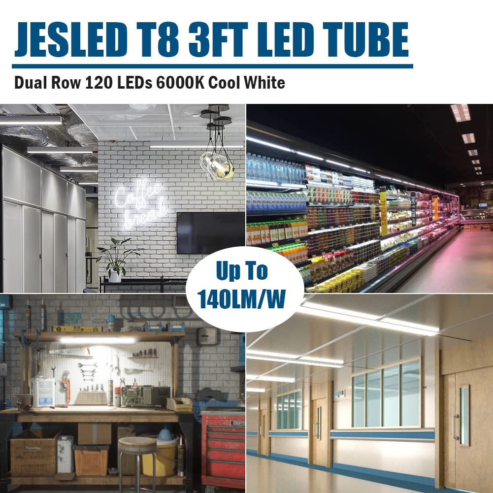 Jesled T8 Led Type A+B Tube Light 3Ft, 2520Lm, 18W(45W Equivalent), 6000K, Plug And Play Or Ballast Bypass, 36 Inch F30T12 Fluor