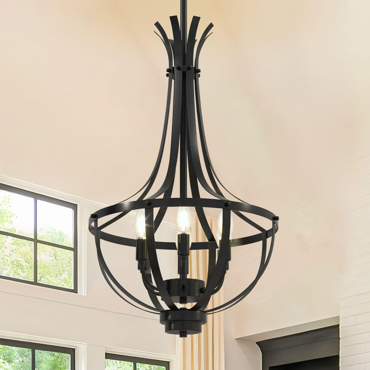 16.5'' Black Chandelier, 6-Light Farmhouse Chandeliers For Dining Room, Modern Kitchen Island Lighting, High Ceiling Hanging Pen