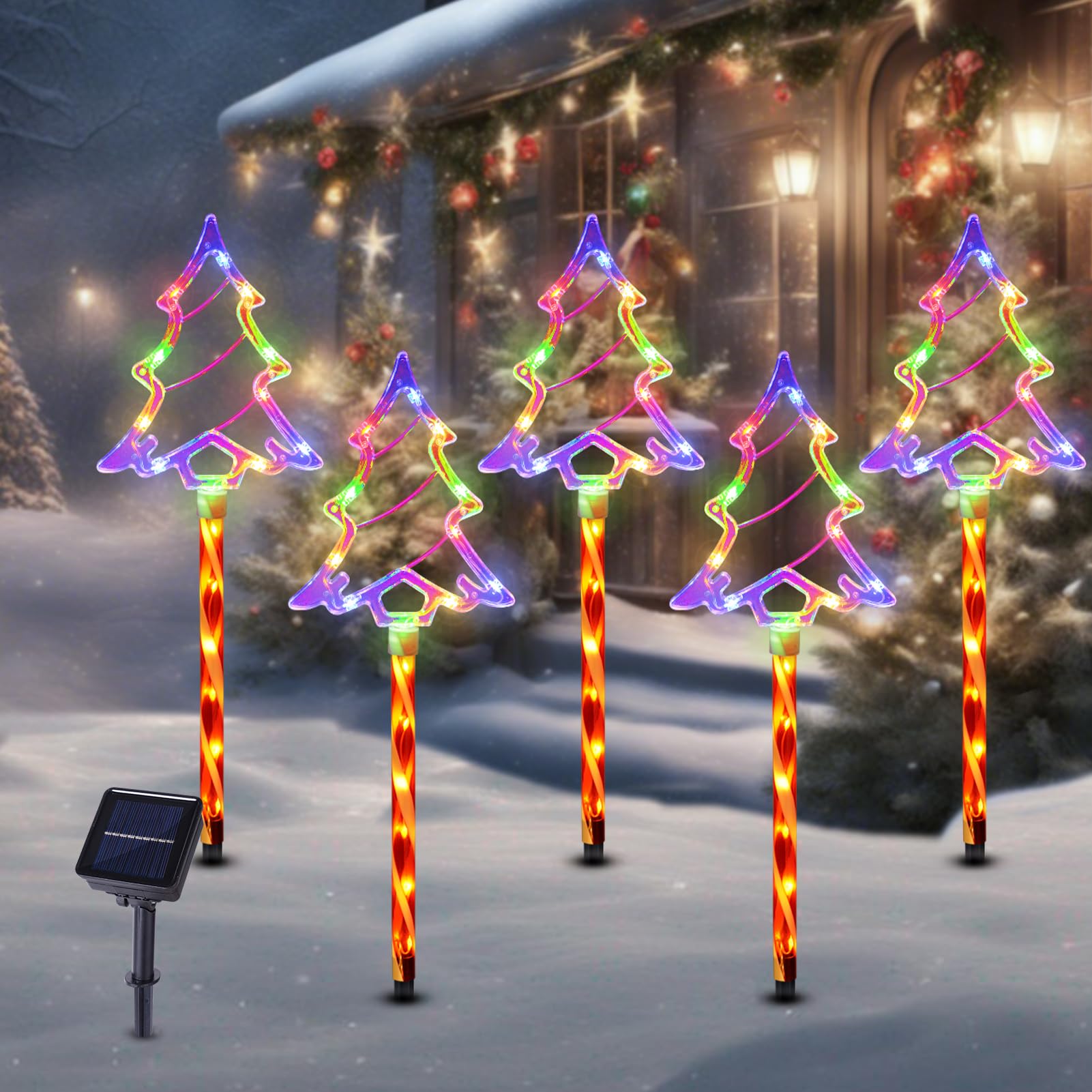 Christmas Solar Pathway Lights Outdoor Decorations  8 Modes Xmas Tree Candy Lights Waterproof Led Garden Stake Light For Walkway Yard Lawn Porch Holiday Decor 5-Pack (Multicolor Tree  5 Pack)