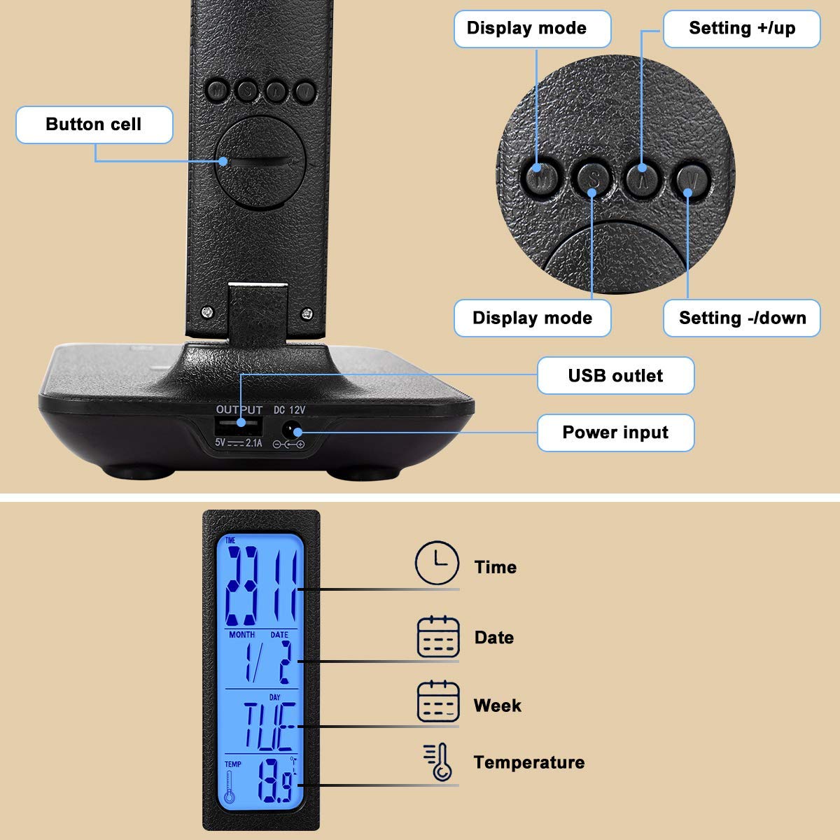 XIZDDL LED Desk Lamp with Wireless Charger, USB Port, Built-in Clock, Black, Model NIVEOLI