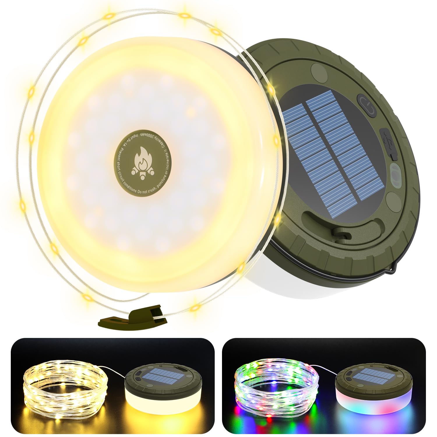 Siloon Solar Camping String Lights Outdoor, 2 in 1 Rechargeable with 8 Modes, 32.8Ft Waterproof Portable, Solar Powered and USB 