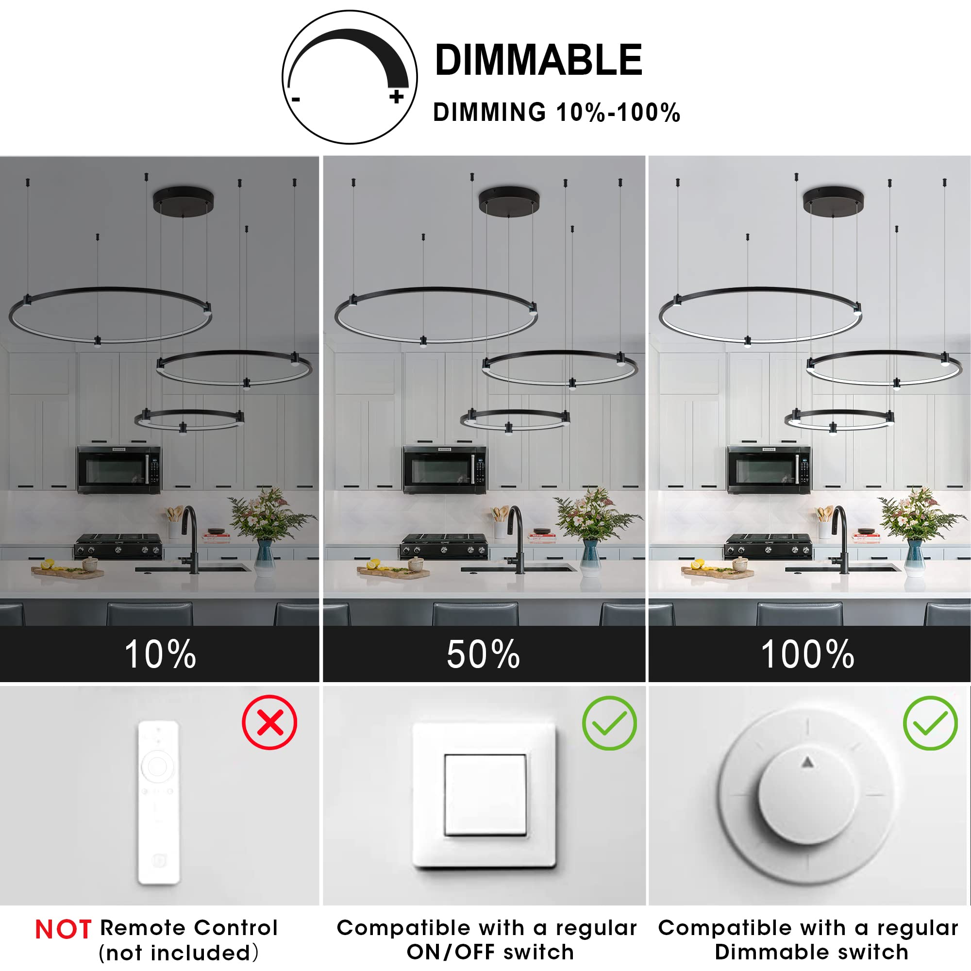 SUNMOO Modern LED Chandelier Pendant Light, 3-Rings Dimmable Aluminum, 3000K-6000K, Black for Kitchen Island, Dining Room, Office