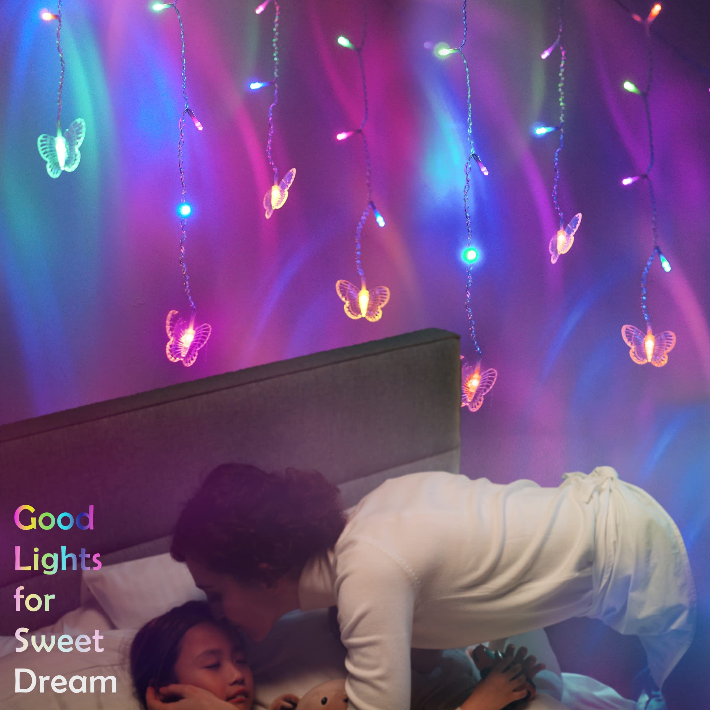 SunKite 120 LED Butterfly Curtain Fairy Lights - 20FT, Multi-colored, USB Plugged, 8 Modes, Waterproof for Kids Bedroom, Christmas, Party
