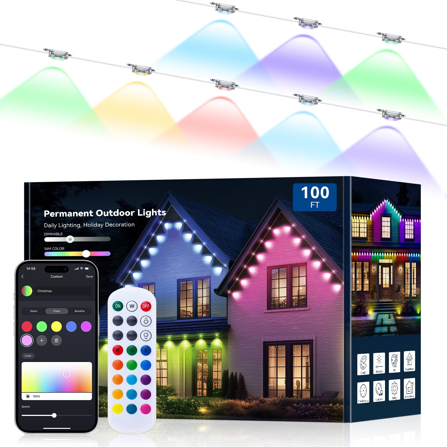 lemonrole 100FT Outdoor RGB Eaves Lights - App Control, IP67 Waterproof, Multicolor, Model 3030