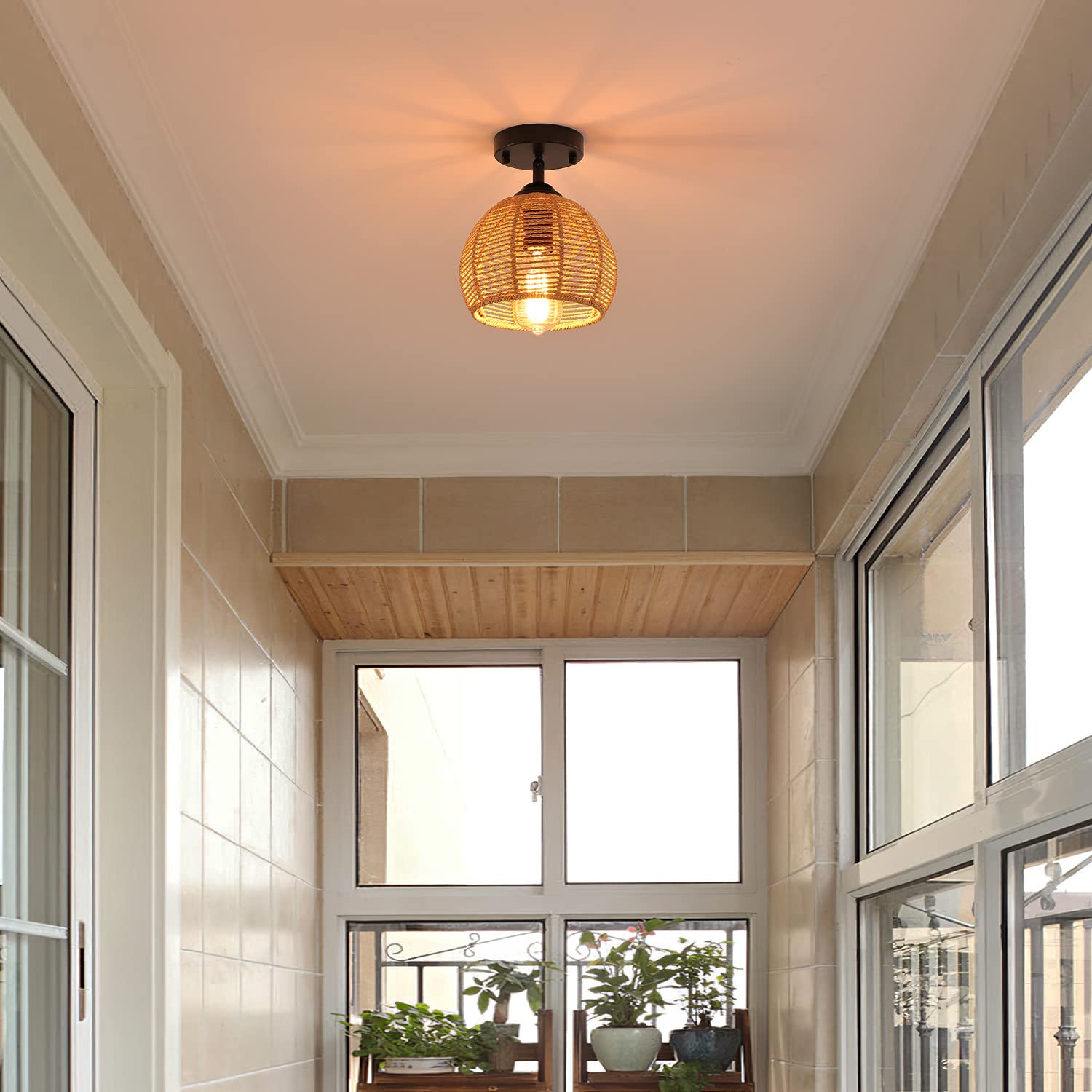 Fivess Lighting Rustic Hemp Rope Flush Mount Light Fixture Basket Sloped Woven Small Semi Flush Mount Ceiling Light for Hallway