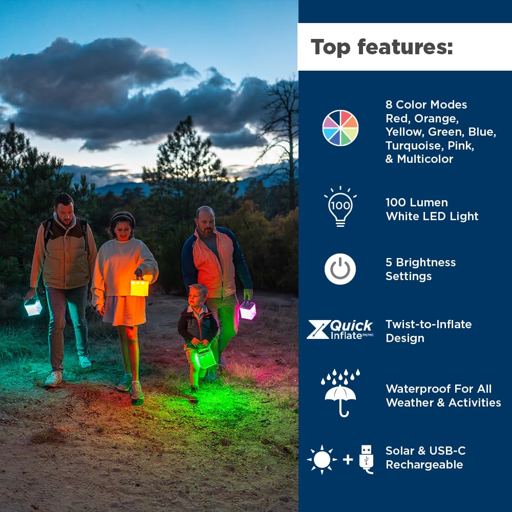 LuminAID Nova Colors Solar Camping Lantern - Twist-to-Inflate LED Light with 8 Color Modes - Multicolor, Model 0196-0410