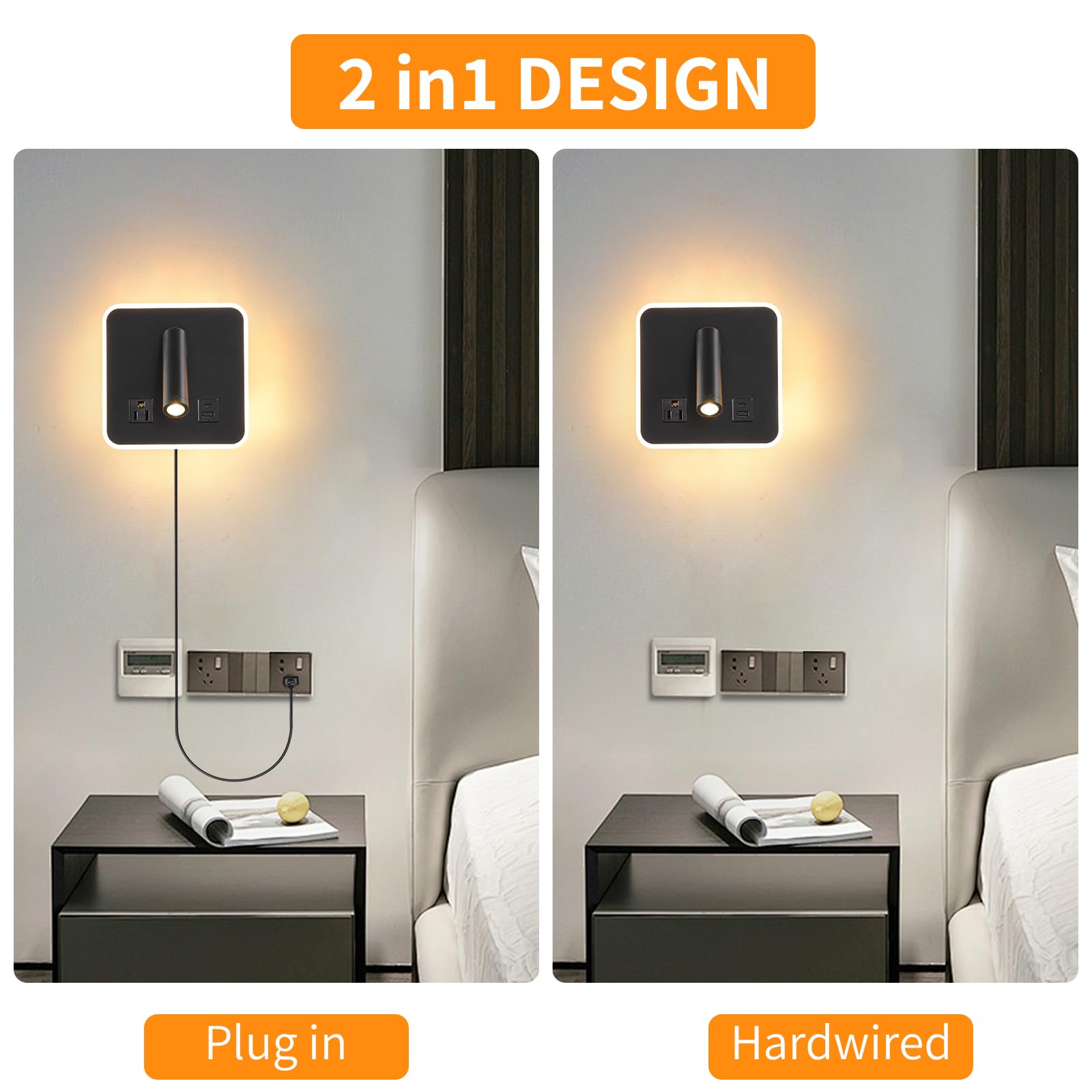 CNMYKYDS LED Wall Mounted Lamp and Reading Light 2-in-1 Multifunctional Wall Sconces. LED Wall Lamp Plug in for Bedroom Bedside