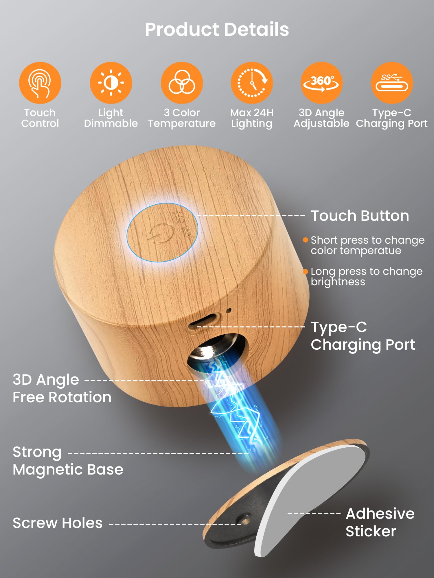Auderwin Led Magnetic Wall Lights Battery Operated Wall Cordless Sconces, 3 Color Temperatures & Dimmable, 360 Rotation Recharge