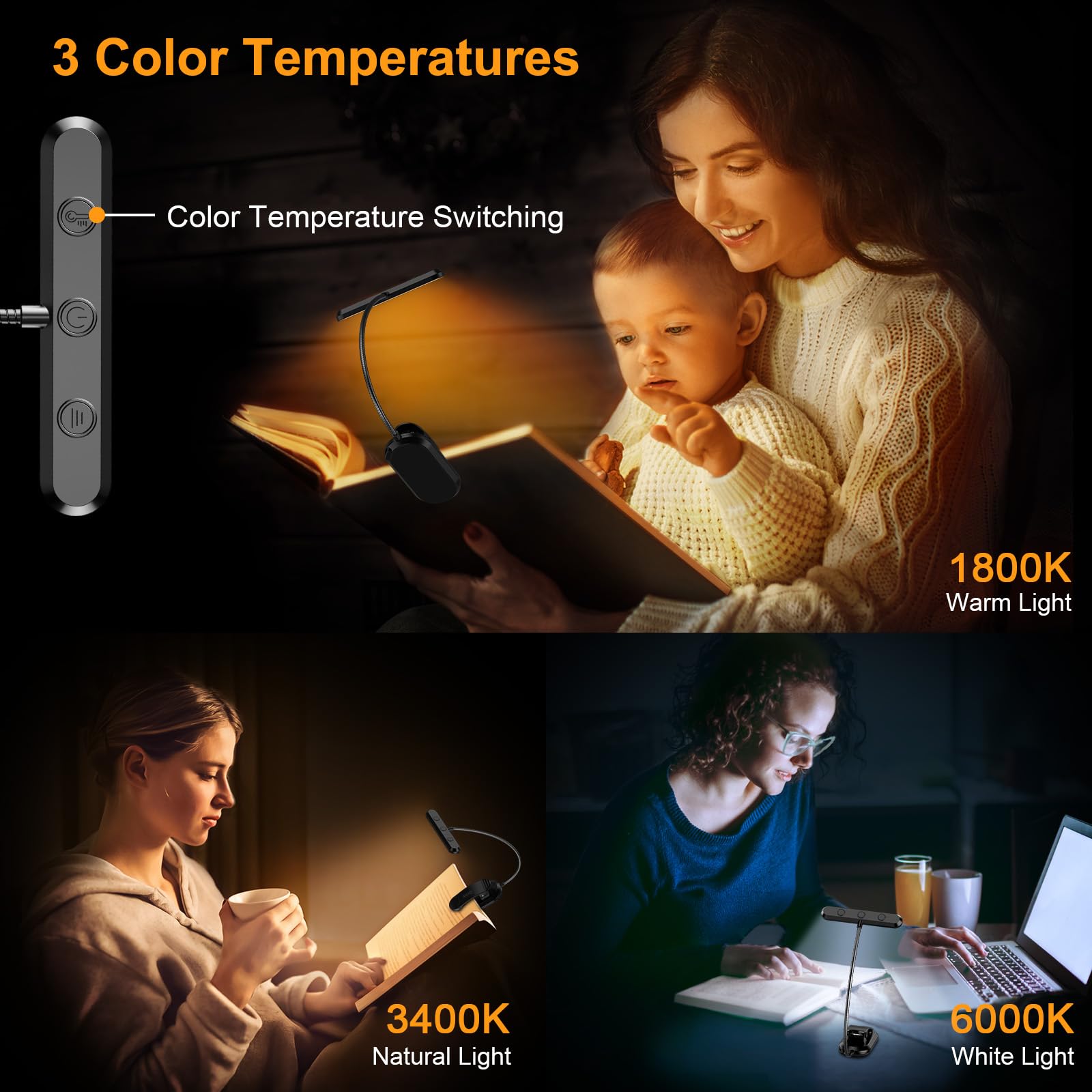 Gritin Rechargeable Book Light, 19 LEDs, 3 Color Temperatures, 5 Brightness Levels, Flexible Neck, Black, Model G1321, 4.21 x 3